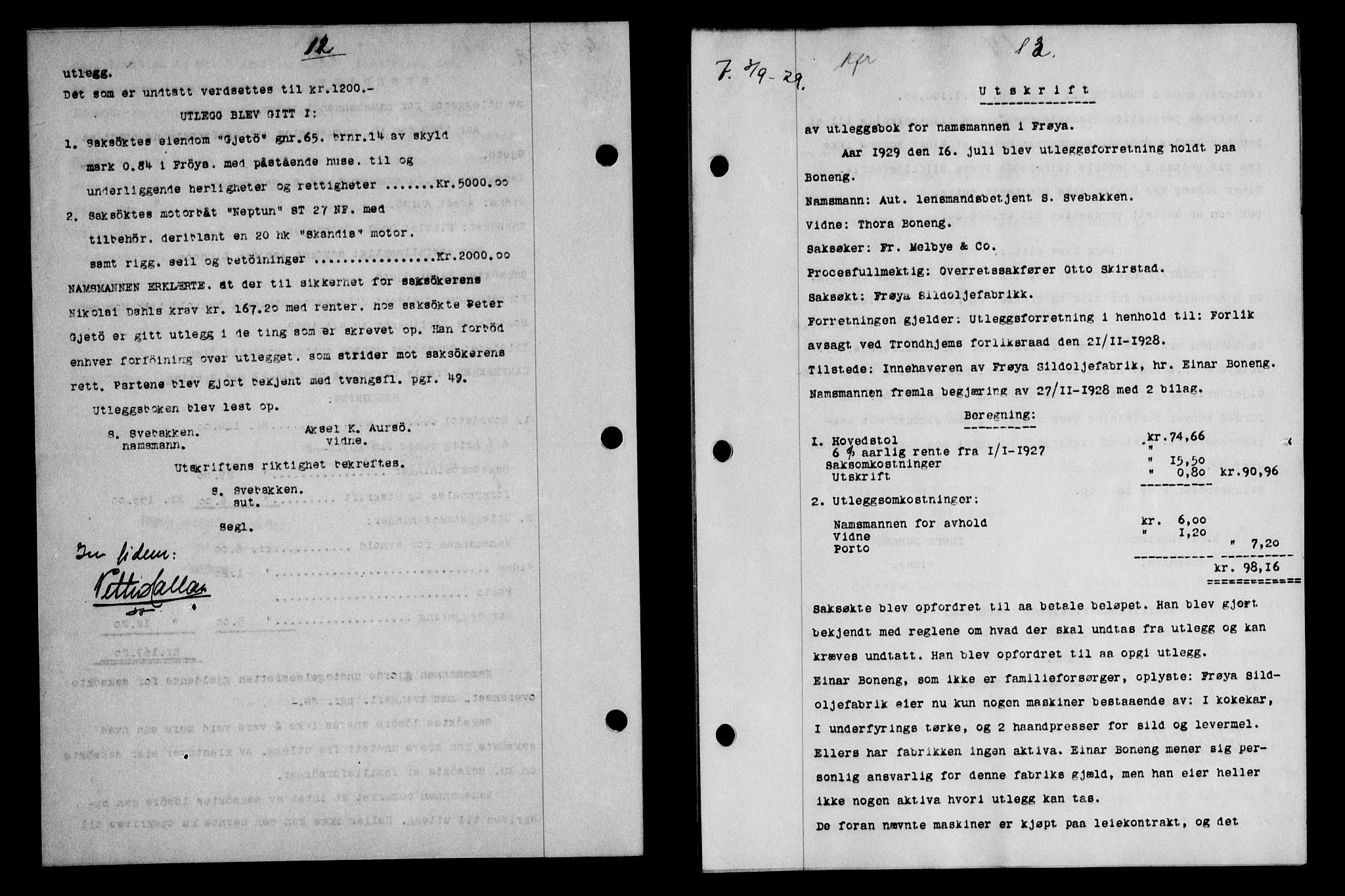 Hitra sorenskriveri, AV/SAT-A-0018/2/2C/2Ca/L0013: Mortgage book no. 13, 1929-1929, p. 12-13