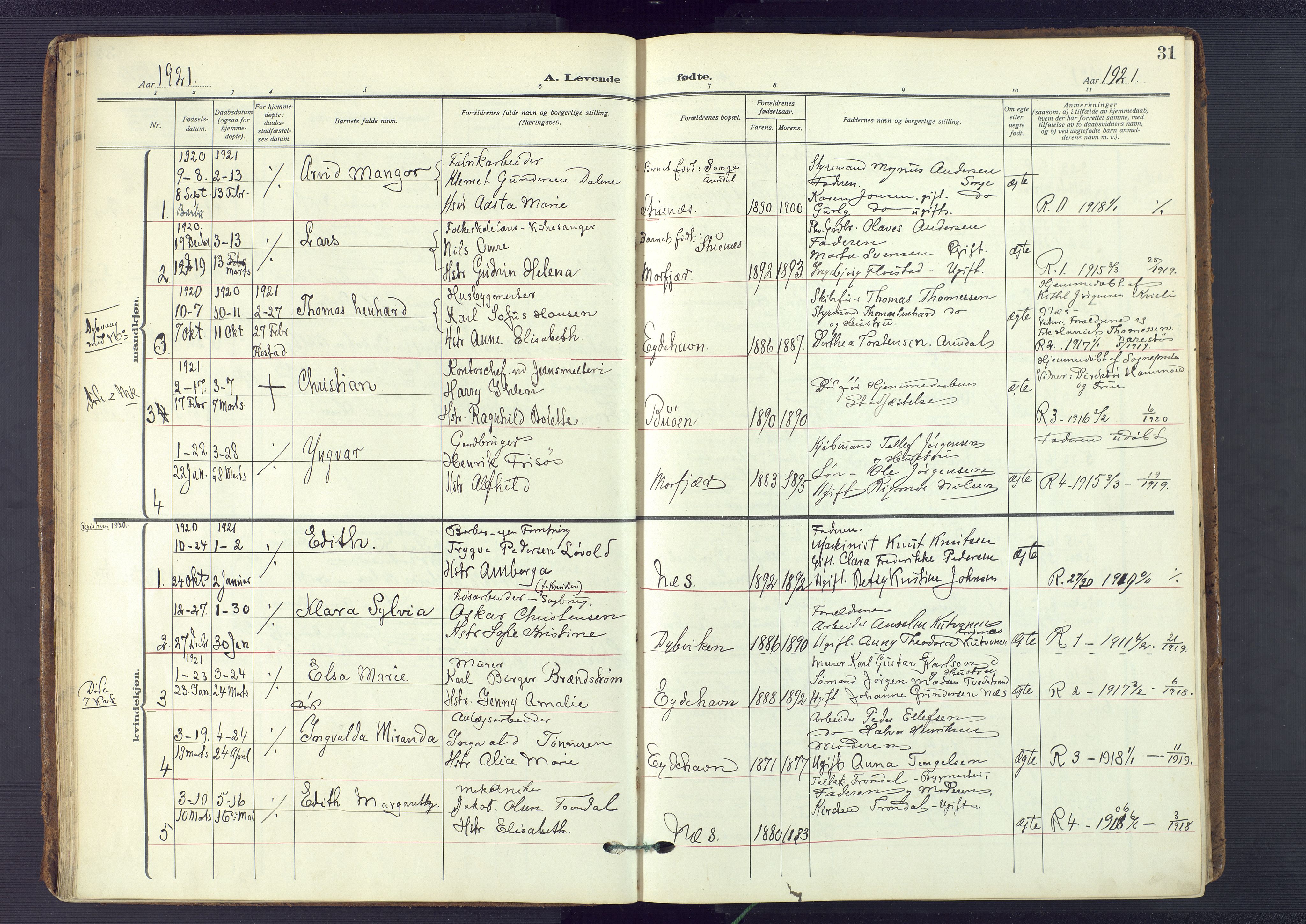 Austre Moland sokneprestkontor, SAK/1111-0001/F/Fa/Fab/L0003: Parish register (official) no. A 3, 1914-1927, p. 31