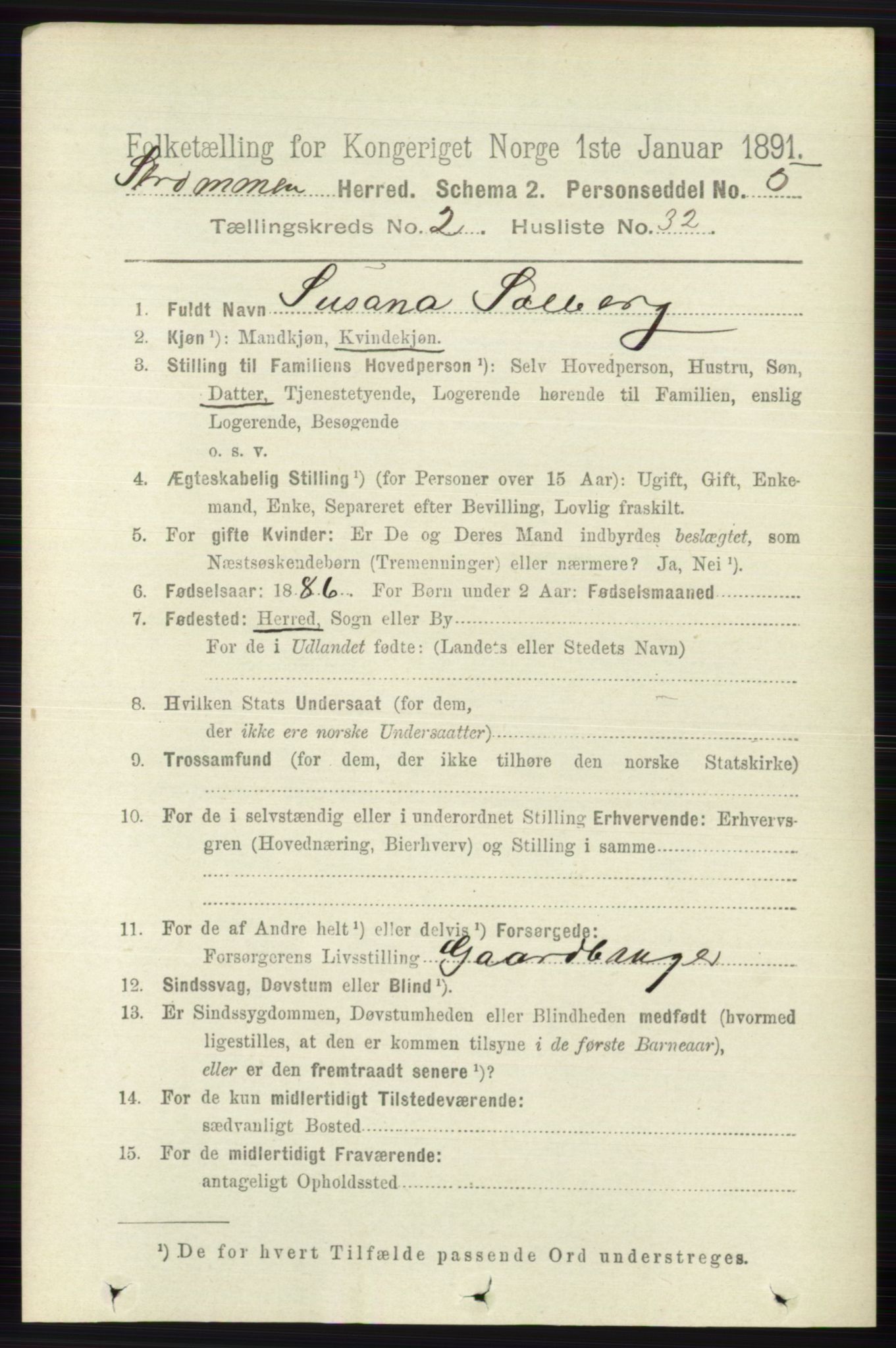 RA, 1891 census for 0711 Strømm, 1891, p. 883