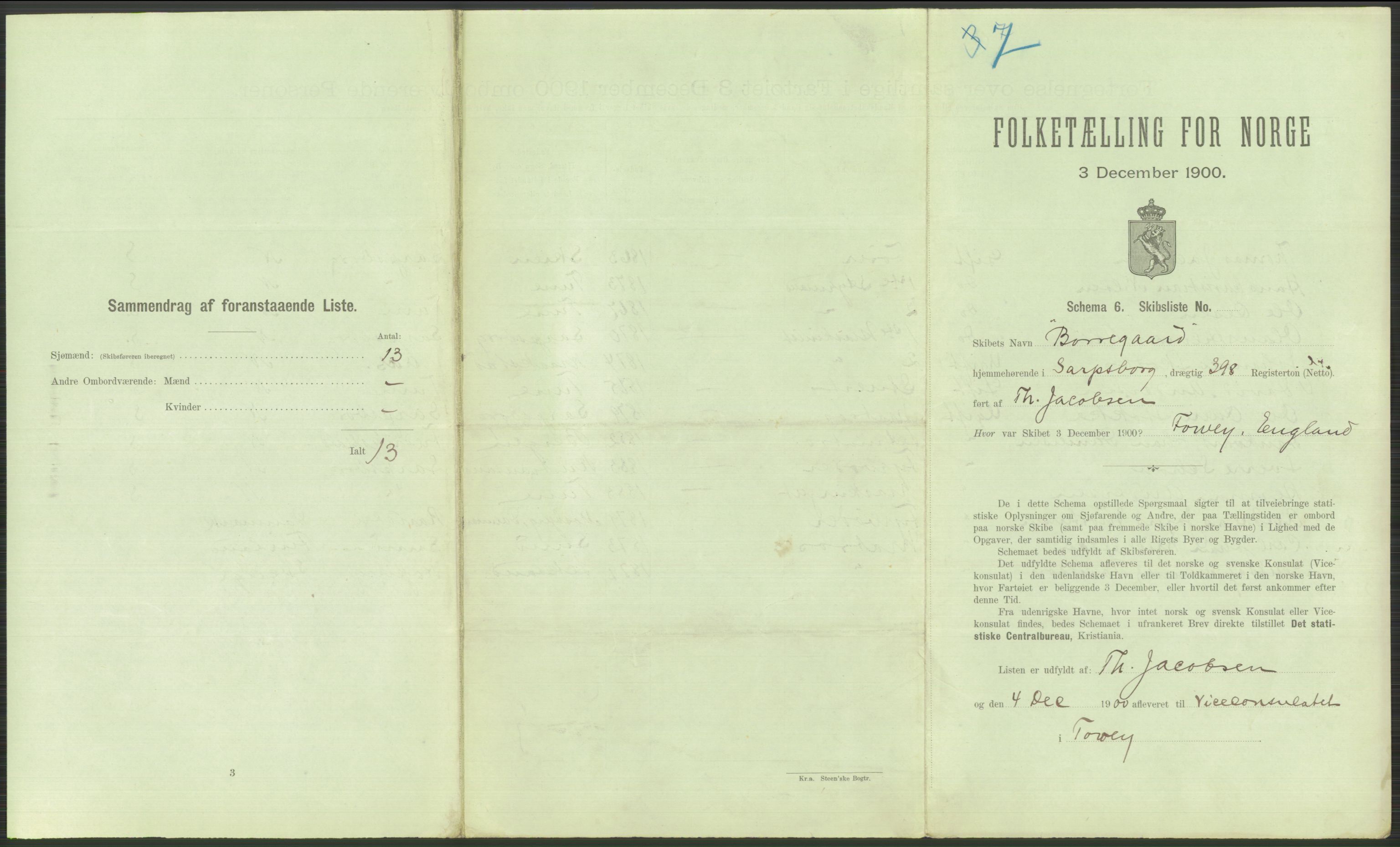 RA, 1900 Census - ship lists from ships in Norwegian harbours, harbours abroad and at sea, 1900, p. 4129