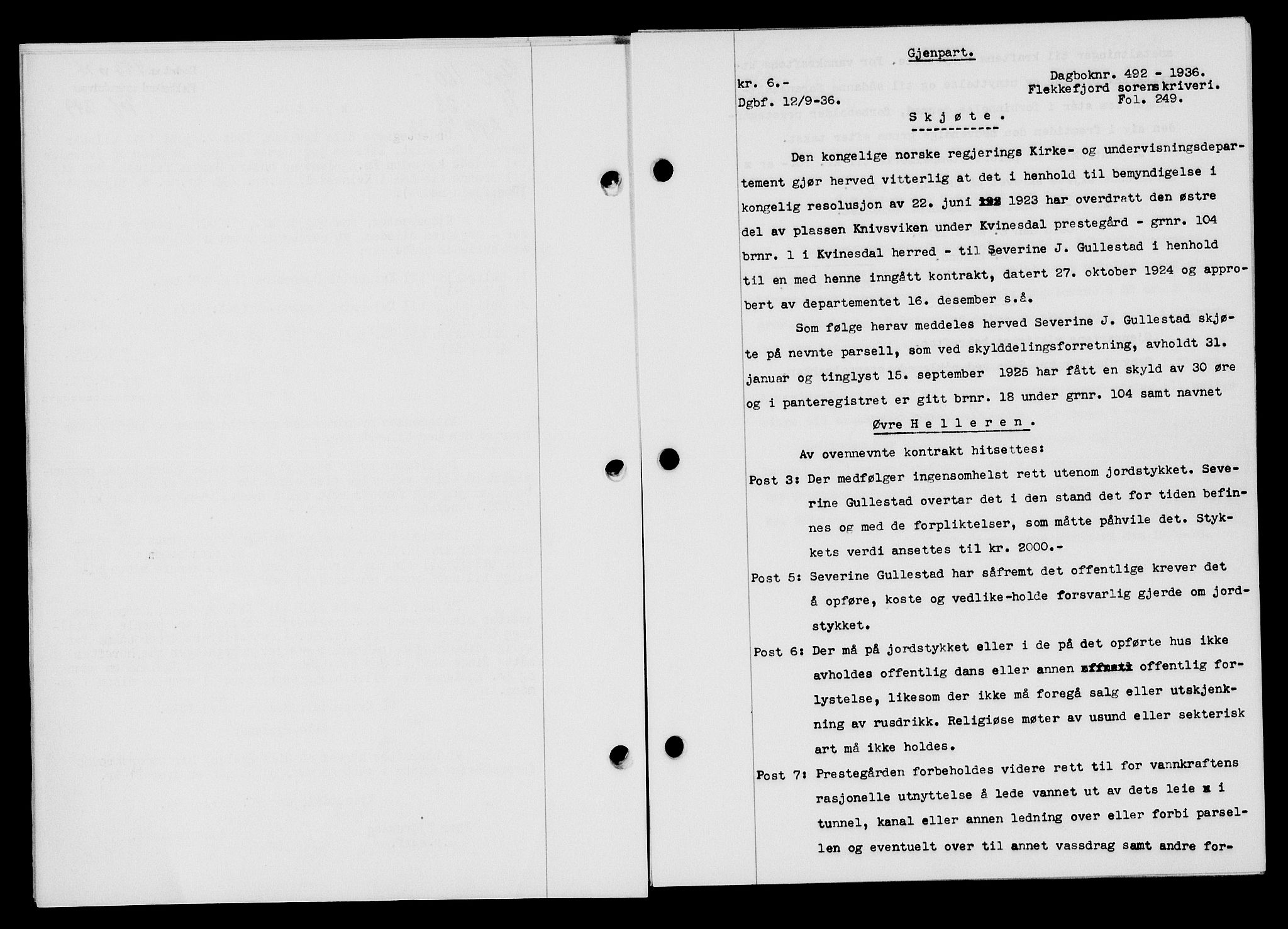 Flekkefjord sorenskriveri, SAK/1221-0001/G/Gb/Gba/L0053: Mortgage book no. A-1, 1936-1937, Diary no: : 492/1936