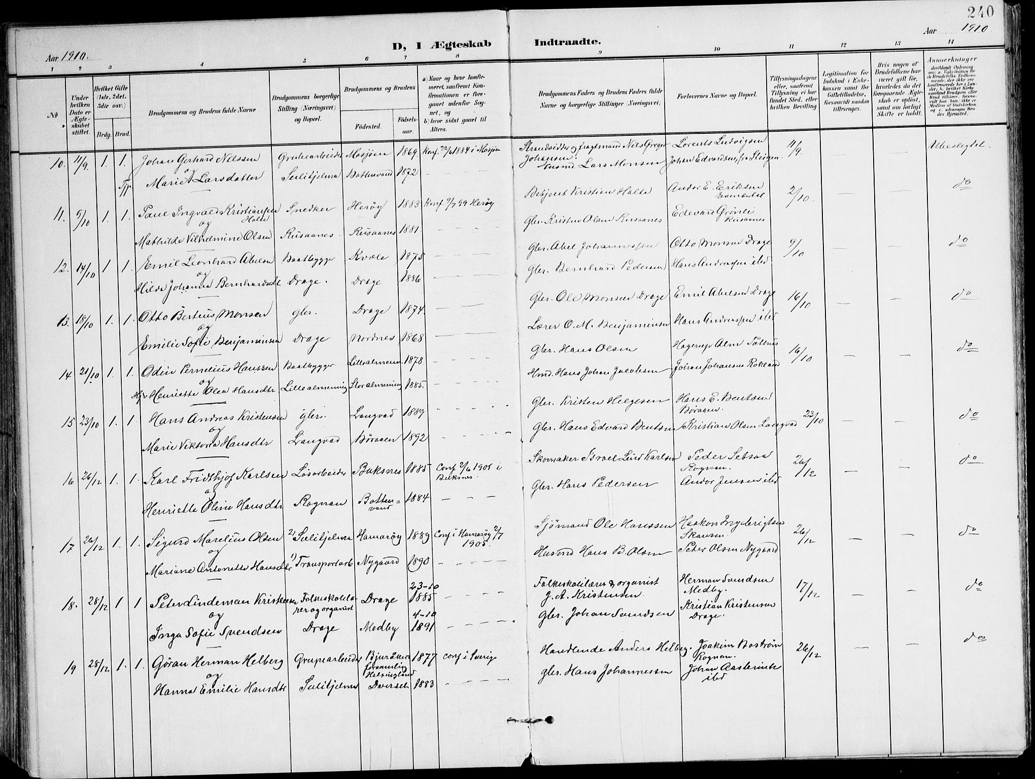 Ministerialprotokoller, klokkerbøker og fødselsregistre - Nordland, AV/SAT-A-1459/847/L0672: Parish register (official) no. 847A12, 1902-1919, p. 240