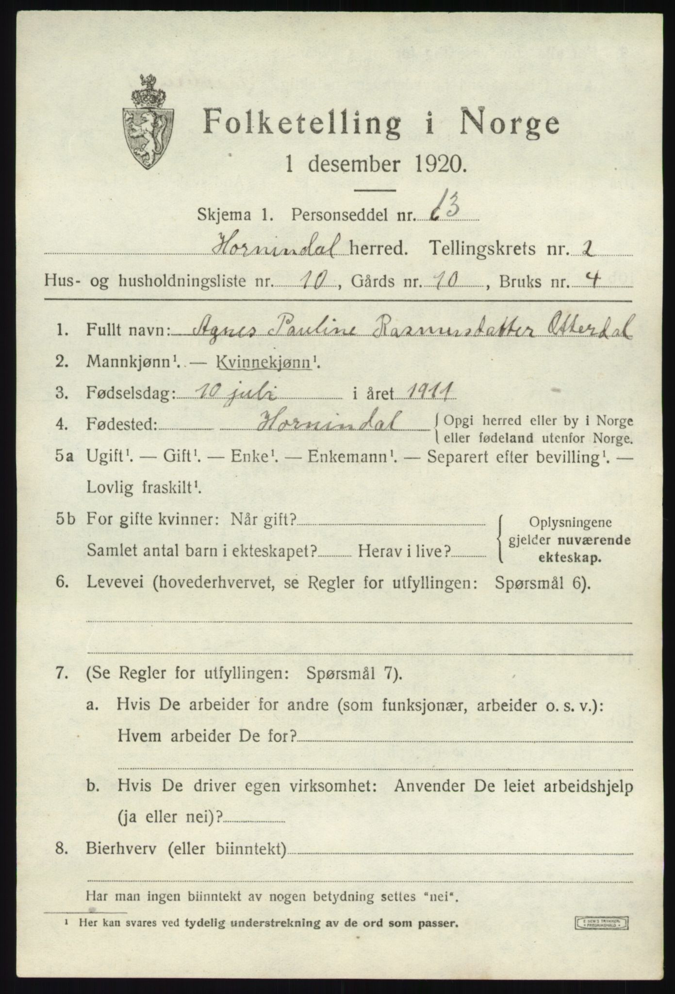 SAB, 1920 census for Hornindal, 1920, p. 1080