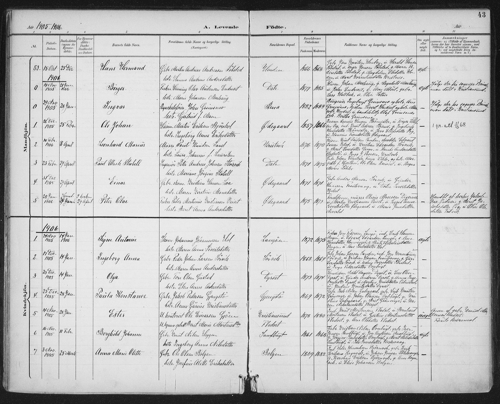 Ministerialprotokoller, klokkerbøker og fødselsregistre - Møre og Romsdal, AV/SAT-A-1454/569/L0820: Parish register (official) no. 569A06, 1900-1911, p. 43