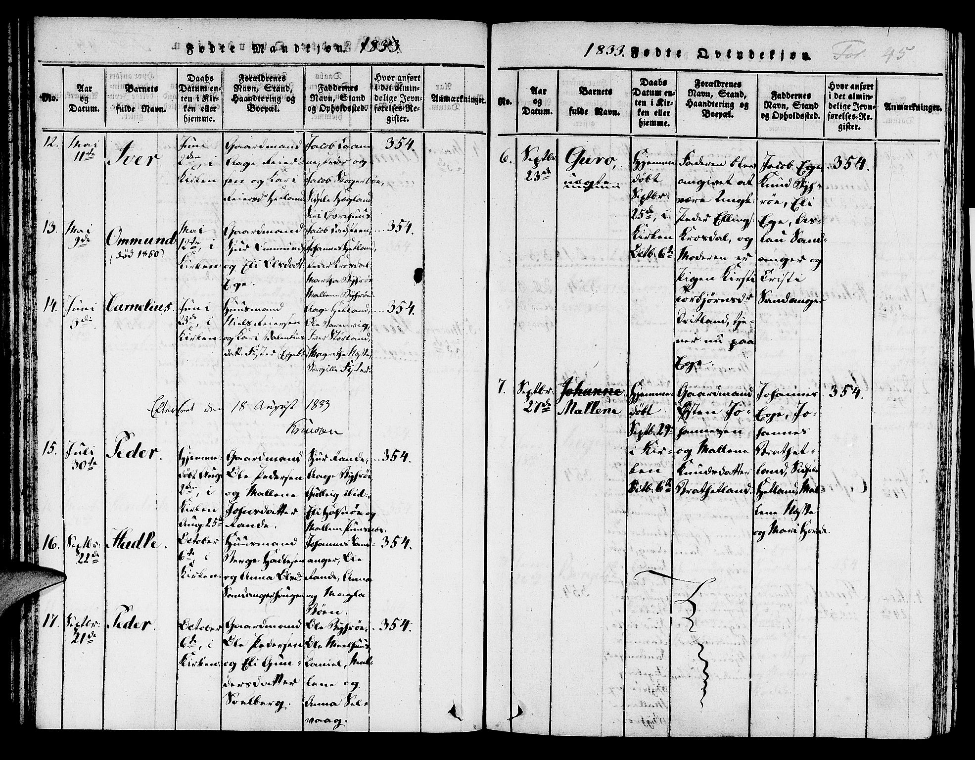 Hjelmeland sokneprestkontor, AV/SAST-A-101843/01/IV/L0004: Parish register (official) no. A 4, 1816-1834, p. 45