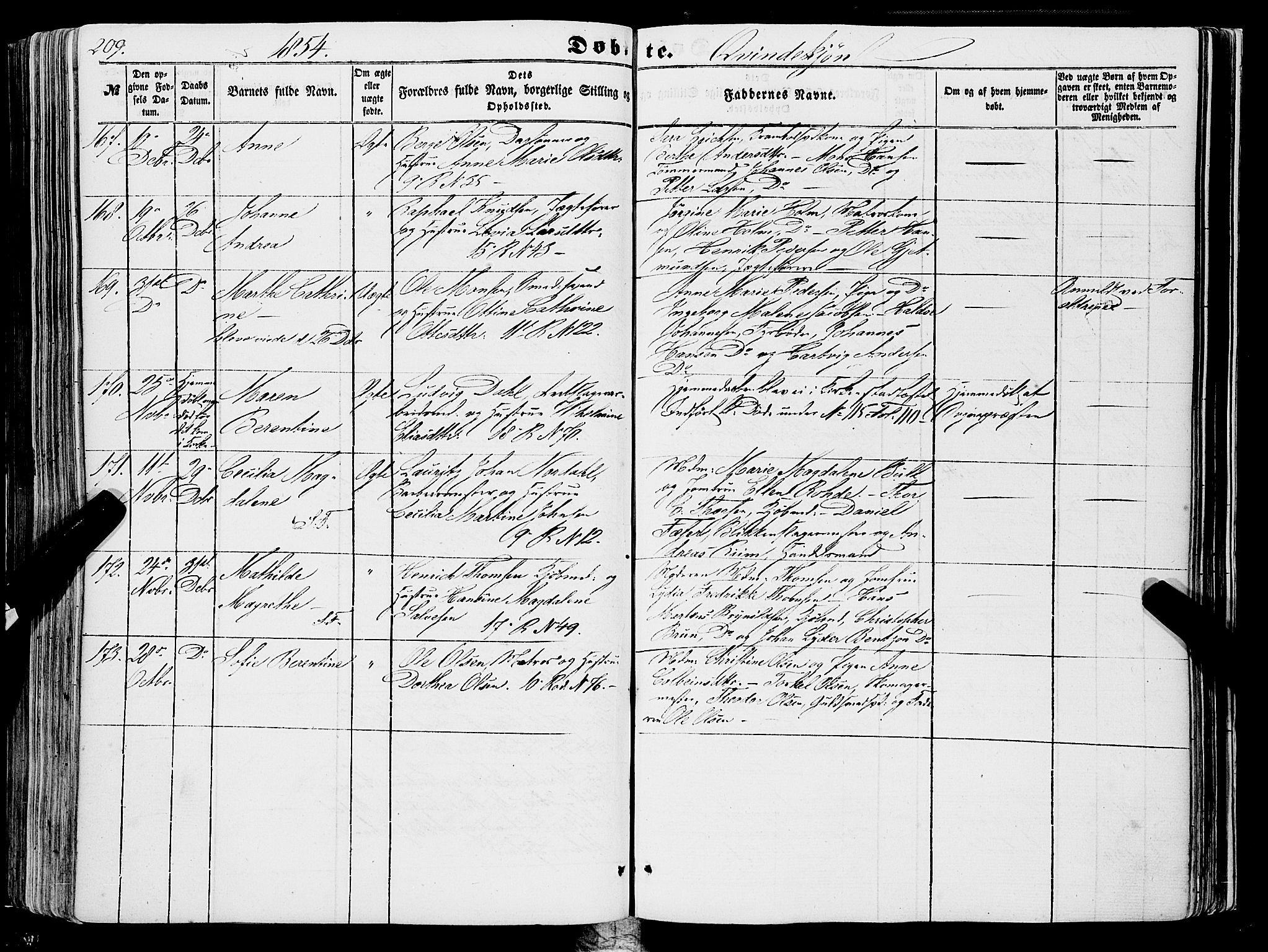 Domkirken sokneprestembete, SAB/A-74801/H/Haa/L0020: Parish register (official) no. B 3, 1851-1859, p. 209