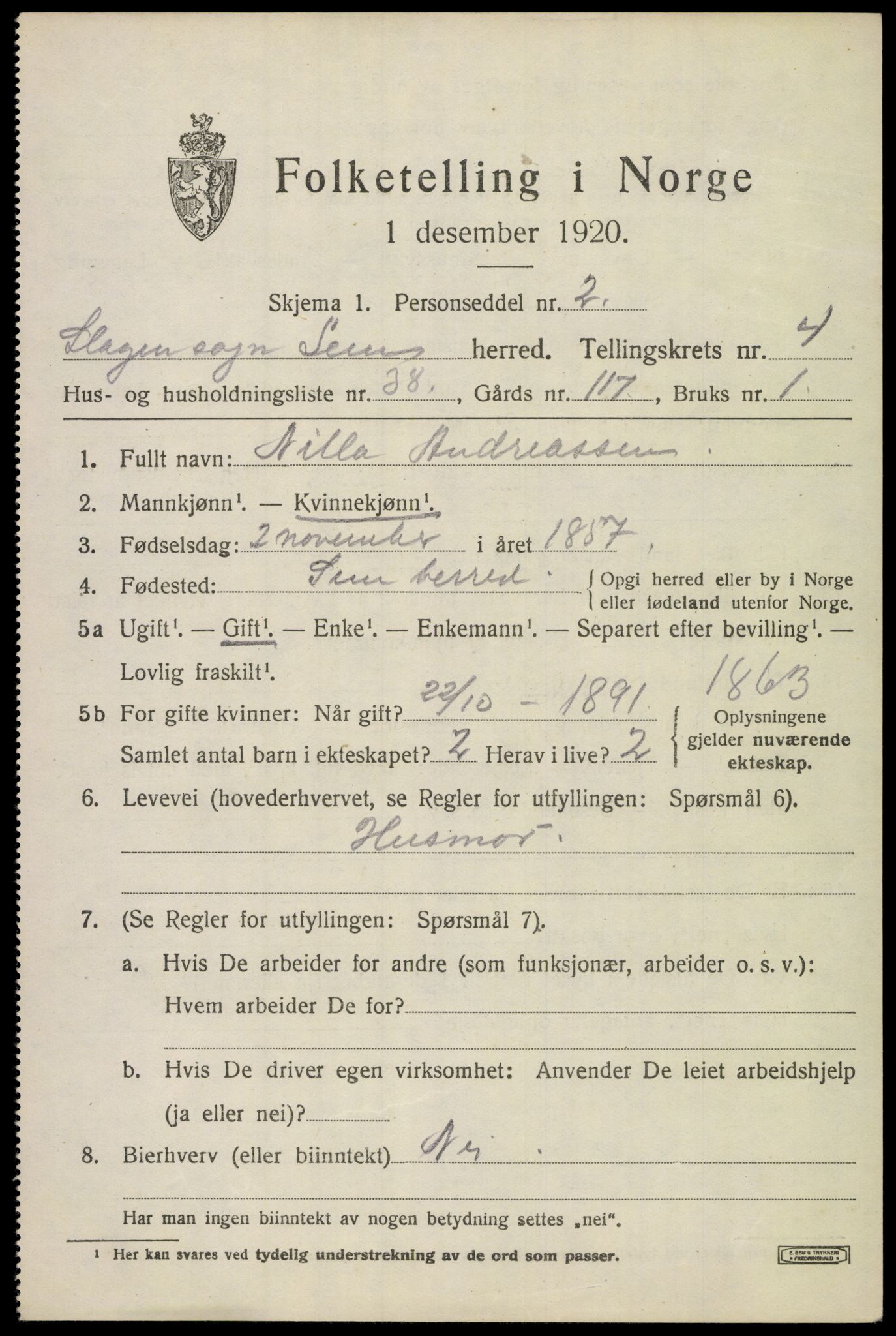 SAKO, 1920 census for Sem, 1920, p. 7489