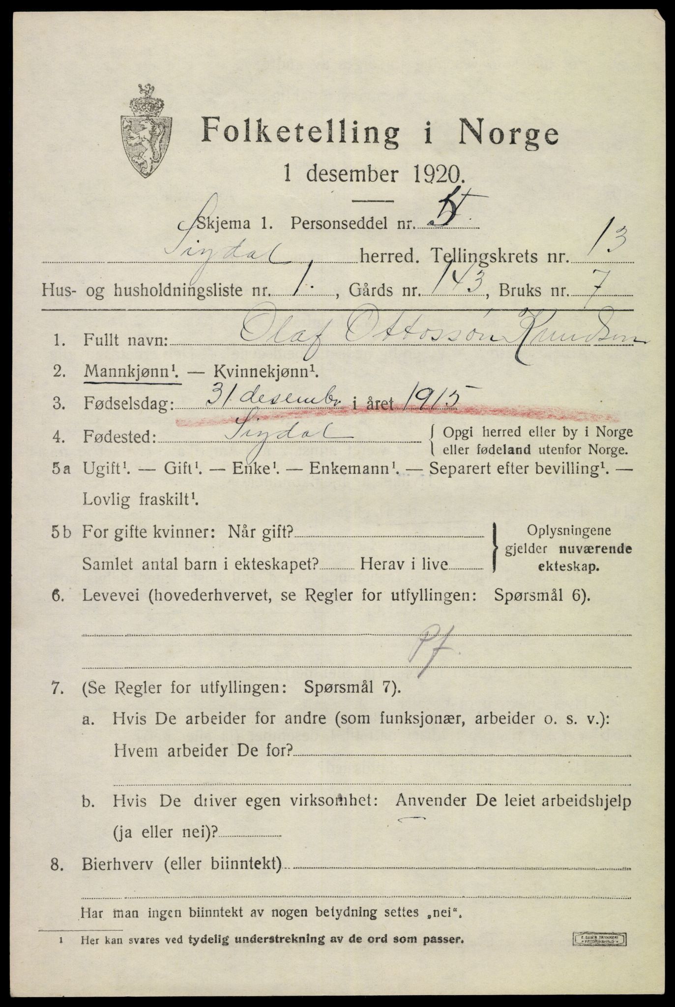 SAKO, 1920 census for Sigdal, 1920, p. 8072