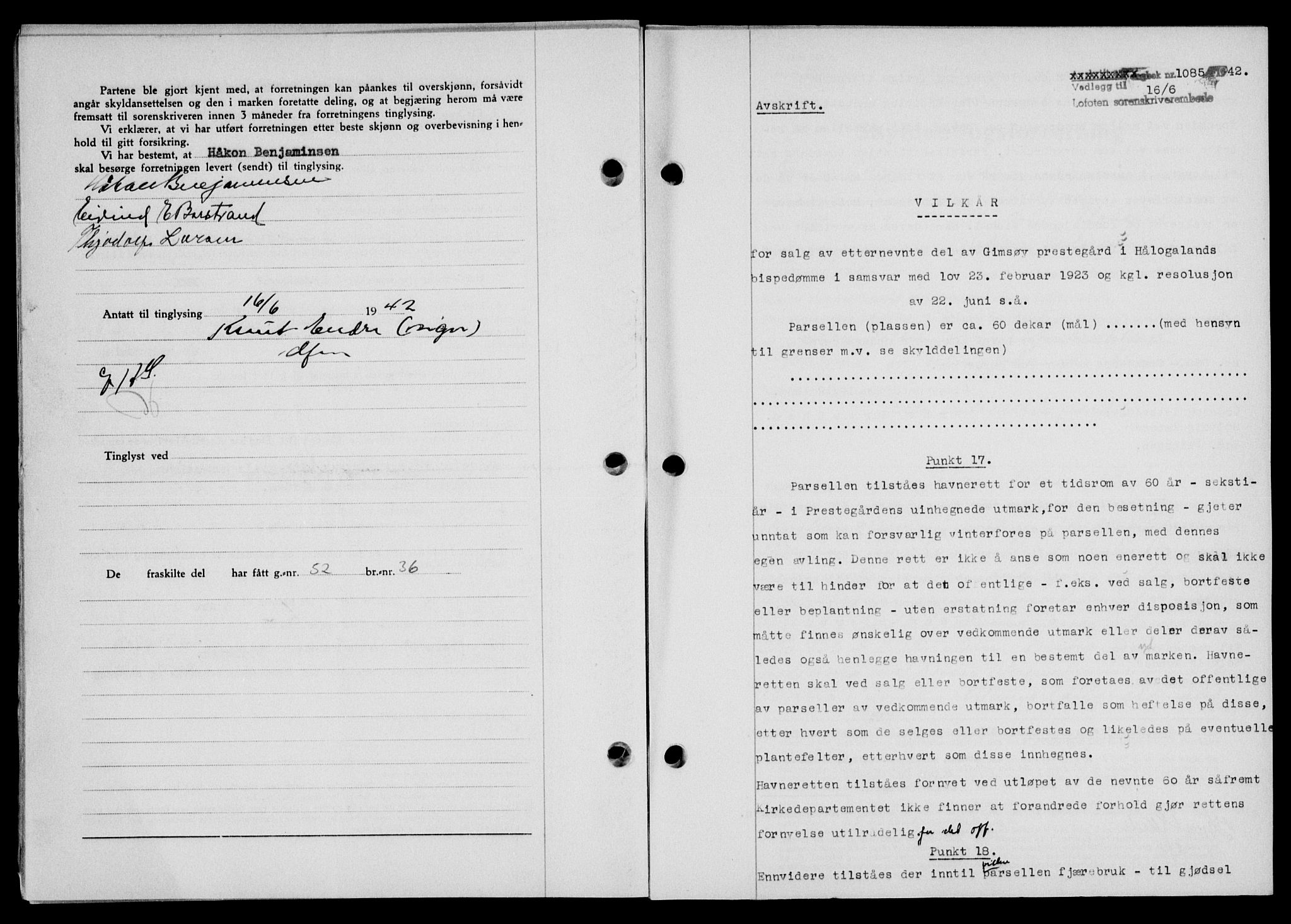 Lofoten sorenskriveri, AV/SAT-A-0017/1/2/2C/L0010a: Mortgage book no. 10a, 1942-1943, Diary no: : 1085/1942