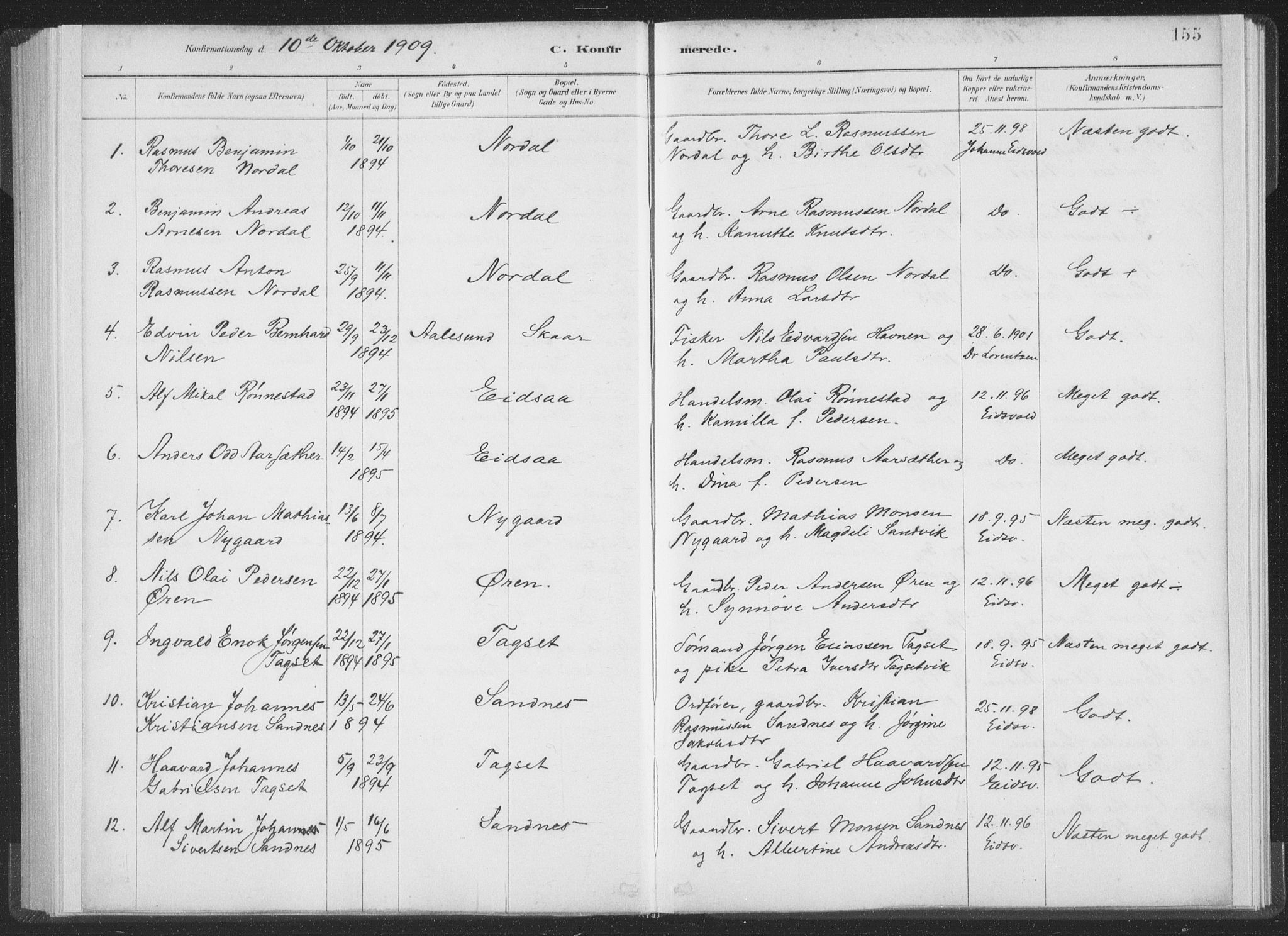 Ministerialprotokoller, klokkerbøker og fødselsregistre - Møre og Romsdal, AV/SAT-A-1454/502/L0025: Parish register (official) no. 502A03, 1885-1909, p. 155