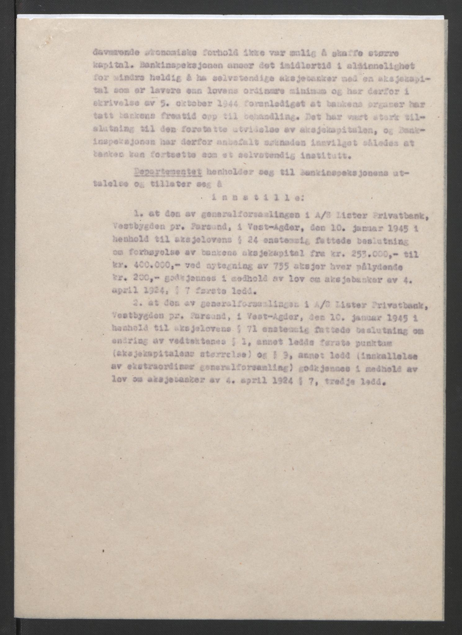 NS-administrasjonen 1940-1945 (Statsrådsekretariatet, de kommisariske statsråder mm), AV/RA-S-4279/D/Db/L0090: Foredrag til vedtak utenfor ministermøte, 1942-1945, p. 635