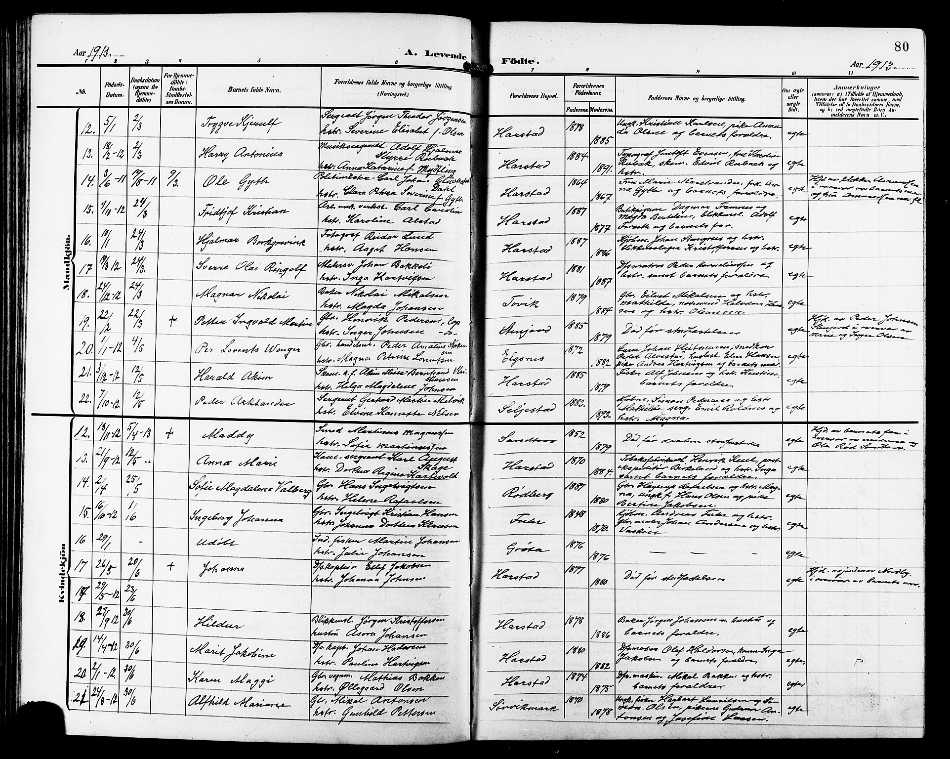 Trondenes sokneprestkontor, AV/SATØ-S-1319/H/Hb/L0012klokker: Parish register (copy) no. 12, 1907-1916, p. 80