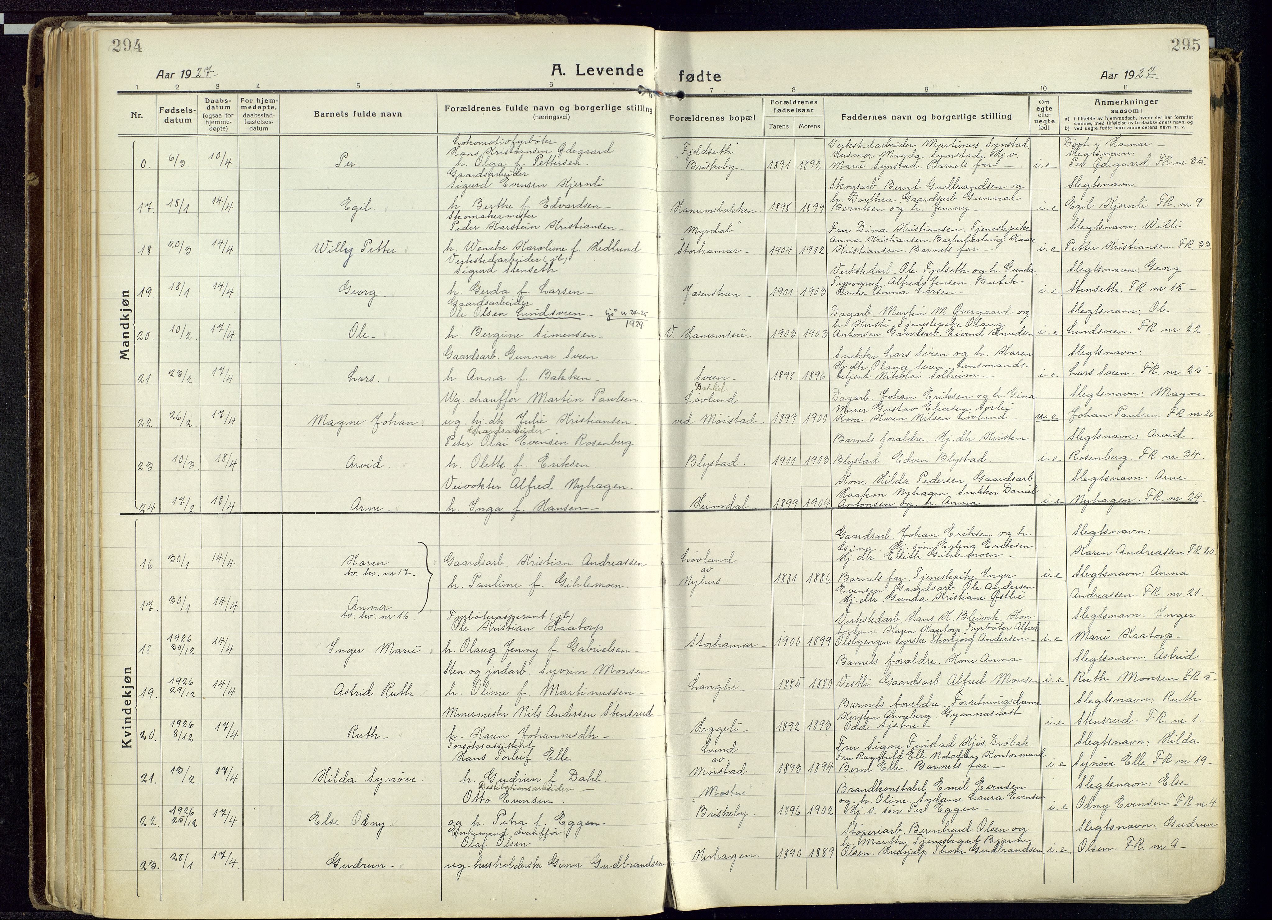 Vang prestekontor, Hedmark, AV/SAH-PREST-008/H/Ha/Haa/L0022: Parish register (official) no. 22, 1918-1944, p. 294-295