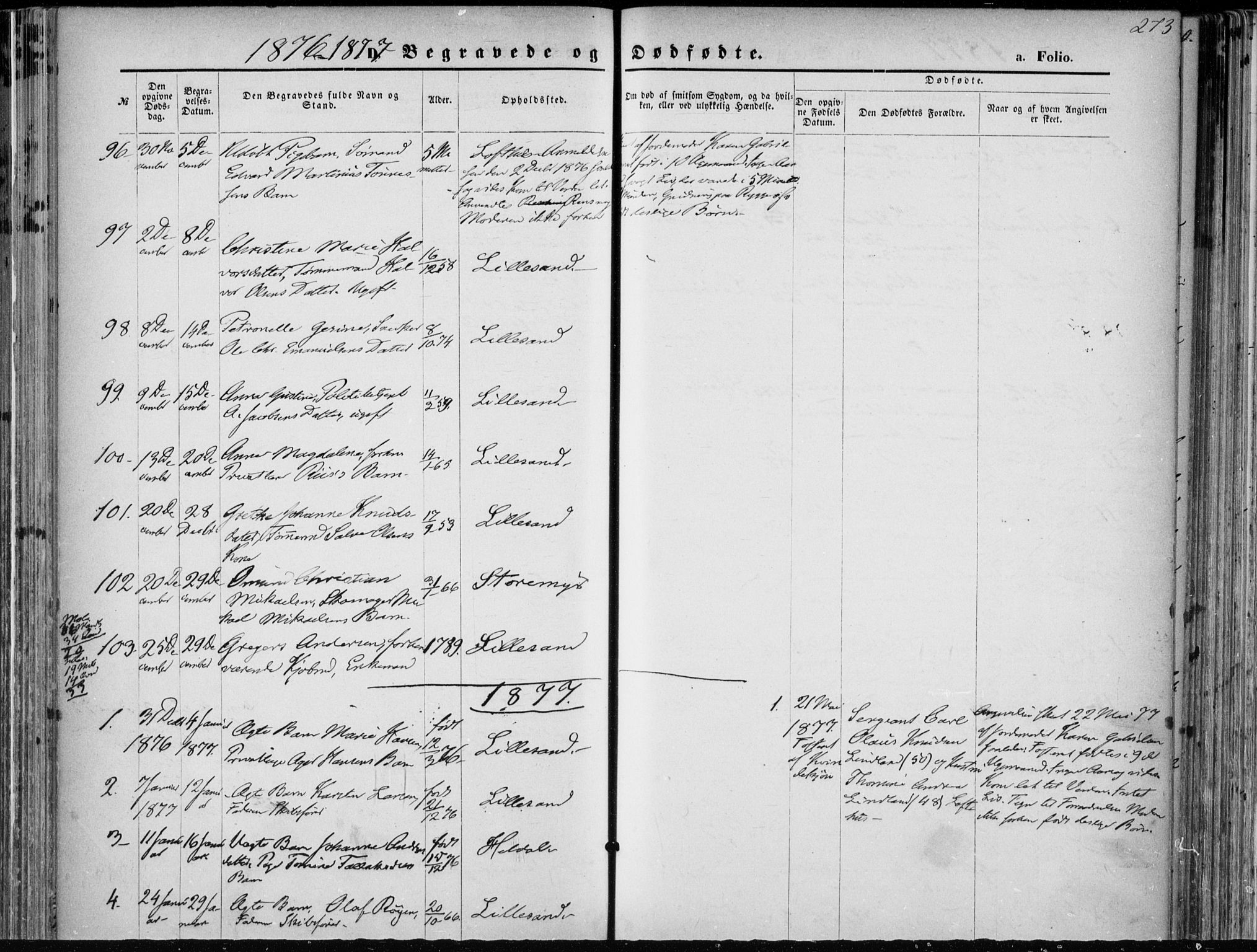 Vestre Moland sokneprestkontor, SAK/1111-0046/F/Fa/Fab/L0008: Parish register (official) no. A 8, 1873-1883, p. 273