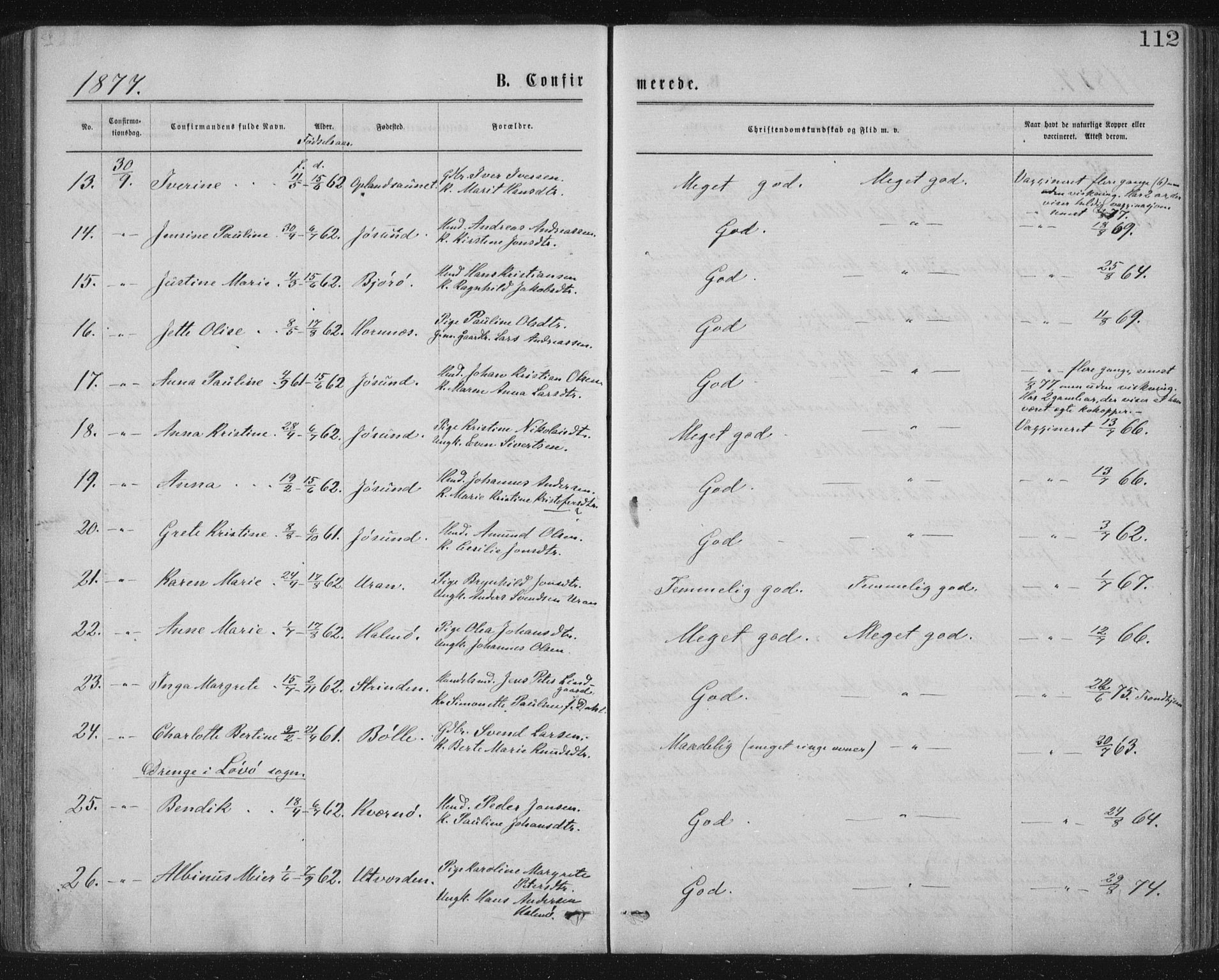 Ministerialprotokoller, klokkerbøker og fødselsregistre - Nord-Trøndelag, AV/SAT-A-1458/771/L0596: Parish register (official) no. 771A03, 1870-1884, p. 112