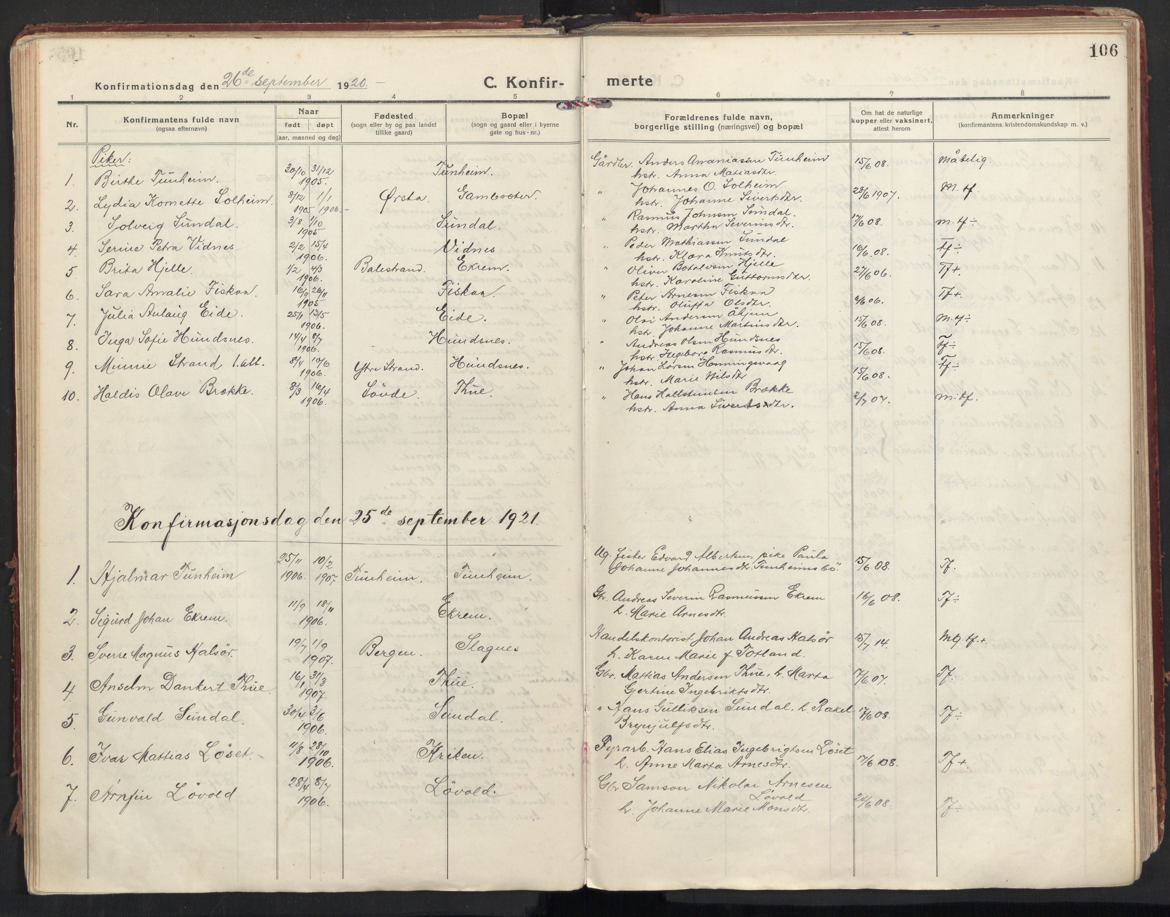 Ministerialprotokoller, klokkerbøker og fødselsregistre - Møre og Romsdal, AV/SAT-A-1454/501/L0012: Parish register (official) no. 501A12, 1920-1946, p. 106