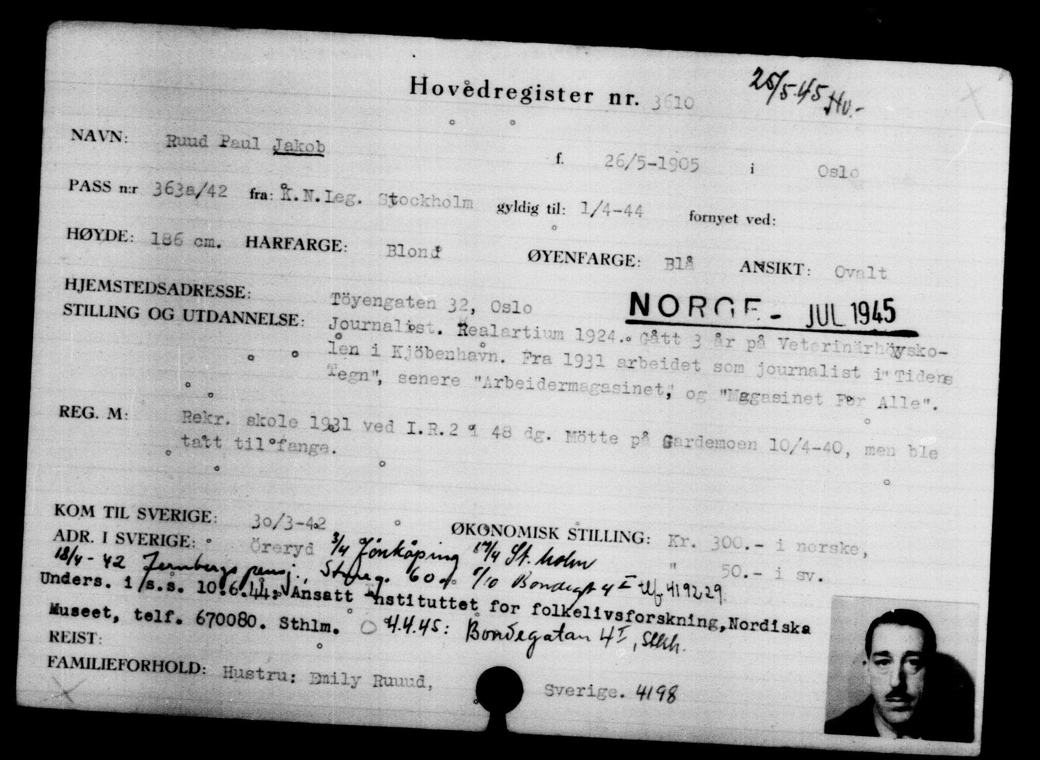 Utenriksstasjonene, Legasjonen i Stockholm, Flyktningkontoret, AV/RA-S-6753/V/Va/L0004: Kjesäterkartoteket, flyktninger med registreringsnr. 3496-6610, 1940-1945, p. 131