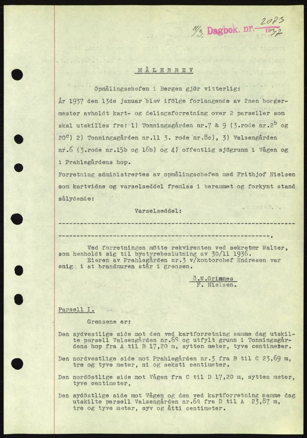 Byfogd og Byskriver i Bergen, SAB/A-3401/03/03Bc/L0004: Mortgage book no. A3-4, 1936-1937, Diary no: : 2073/1937
