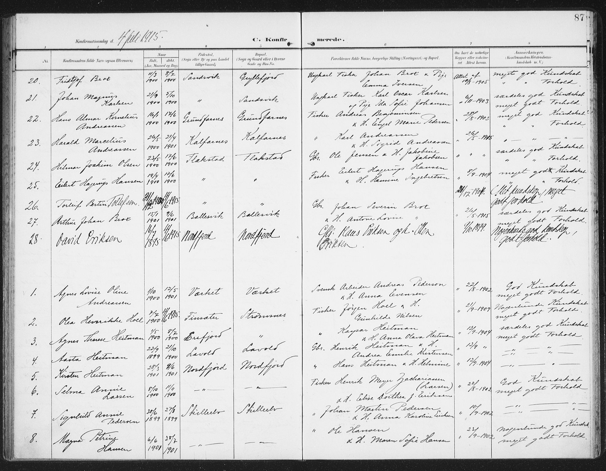 Berg sokneprestkontor, SATØ/S-1318/G/Ga/Gaa/L0007kirke: Parish register (official) no. 7, 1906-1915, p. 87