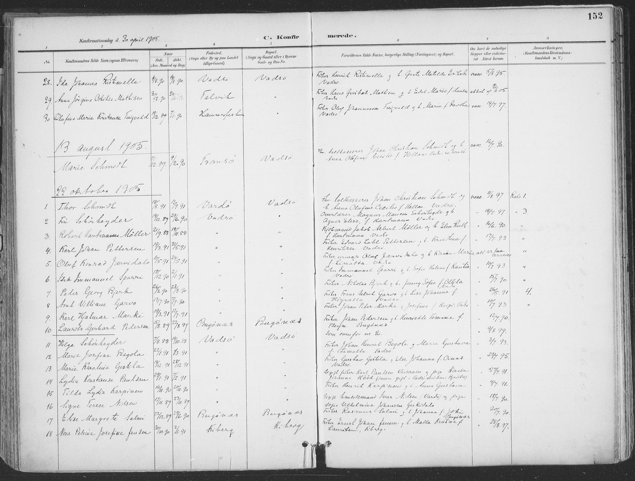 Vadsø sokneprestkontor, AV/SATØ-S-1325/H/Ha/L0007kirke: Parish register (official) no. 7, 1896-1916, p. 152