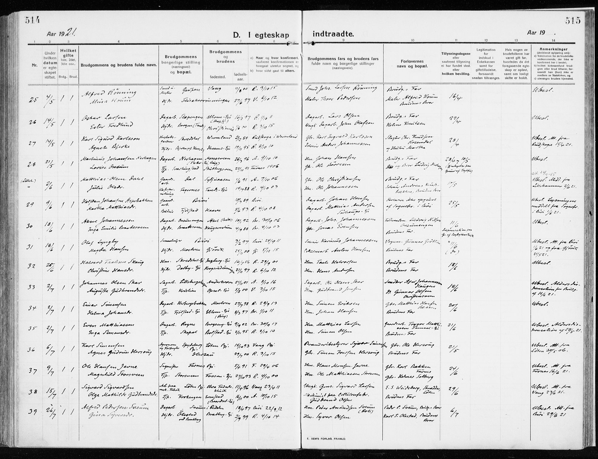 Ringsaker prestekontor, AV/SAH-PREST-014/K/Ka/L0020: Parish register (official) no. 20, 1913-1922, p. 514-515