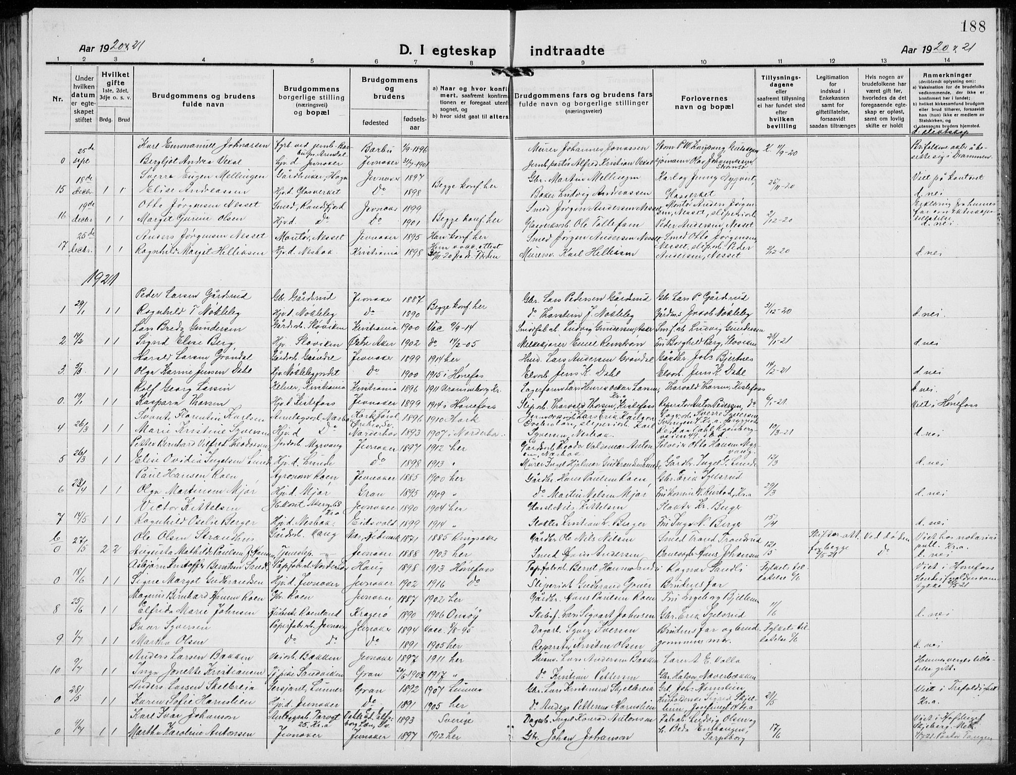 Jevnaker prestekontor, SAH/PREST-116/H/Ha/Hab/L0005: Parish register (copy) no. 5, 1919-1934, p. 188