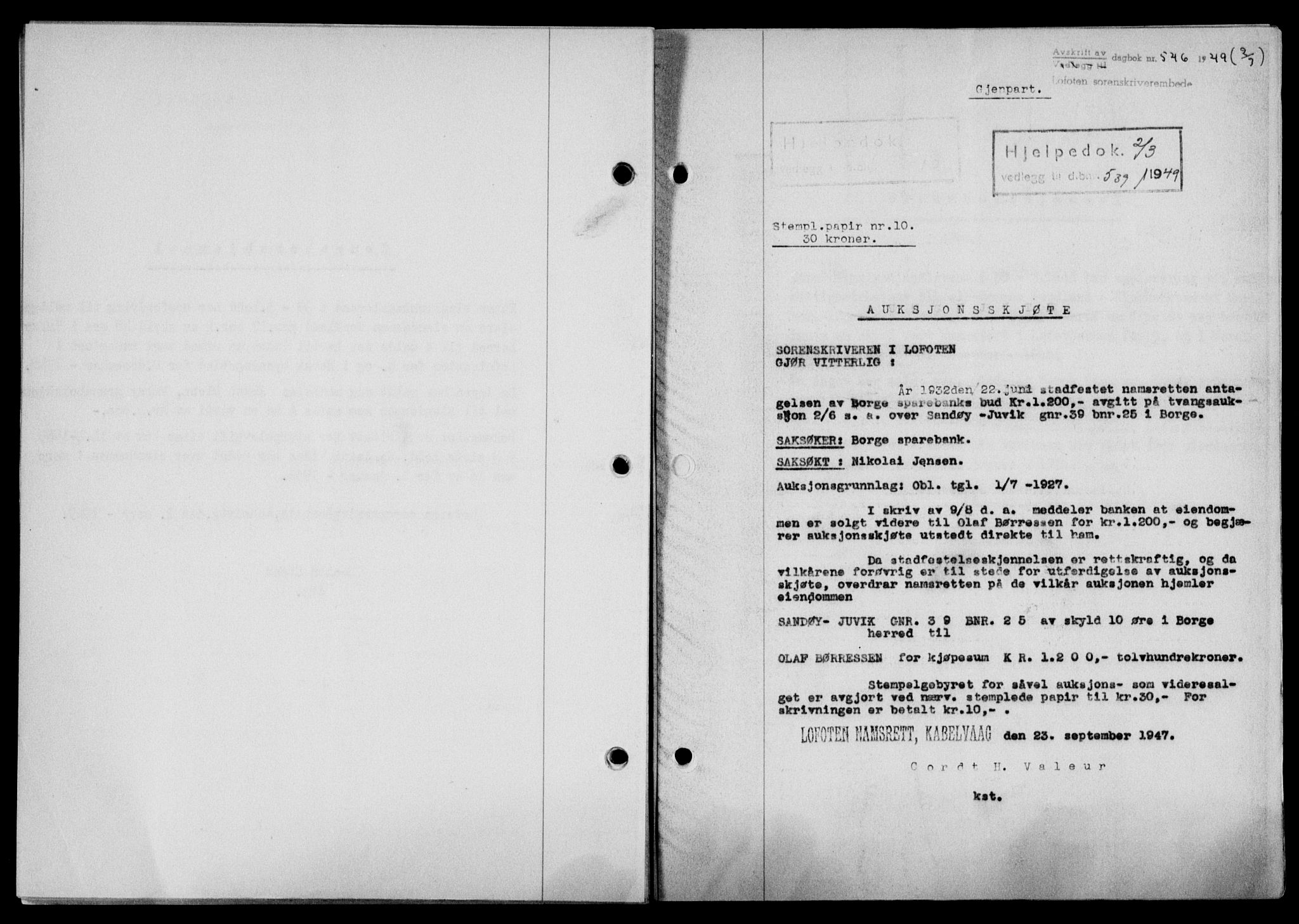 Lofoten sorenskriveri, SAT/A-0017/1/2/2C/L0020a: Mortgage book no. 20a, 1948-1949, Diary no: : 546/1949