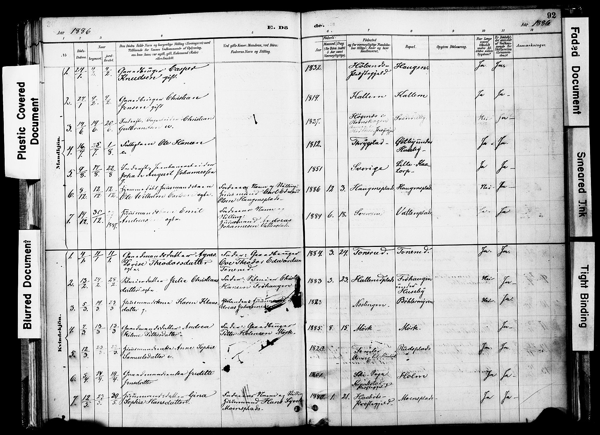 Spydeberg prestekontor Kirkebøker, SAO/A-10924/F/Fb/L0001: Parish register (official) no. II 1, 1886-1907, p. 92