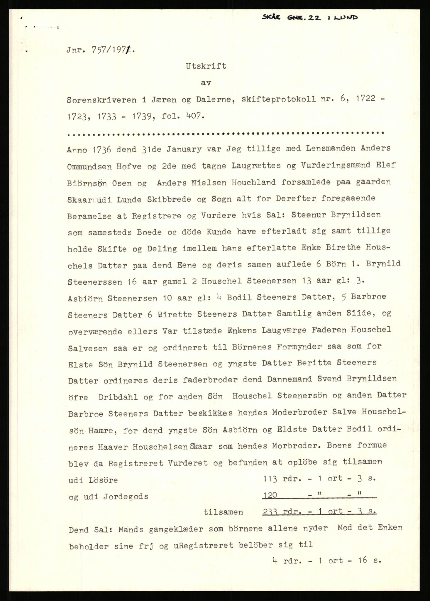 Statsarkivet i Stavanger, SAST/A-101971/03/Y/Yj/L0076: Avskrifter sortert etter gårdsnavn: Skjold kirke - Skåre, 1750-1930, p. 696
