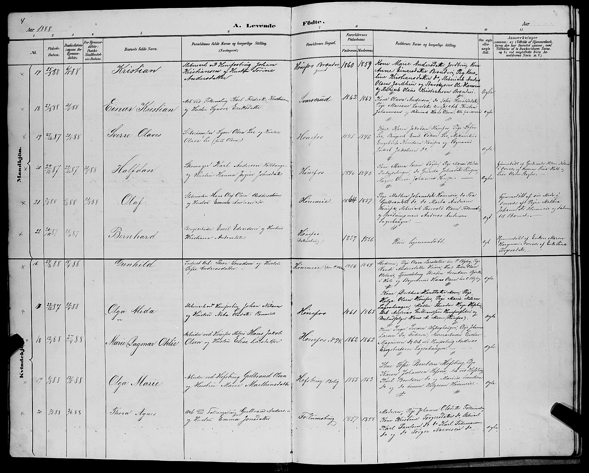 Hønefoss kirkebøker, AV/SAKO-A-609/G/Ga/L0002: Parish register (copy) no. 2, 1888-1904, p. 4