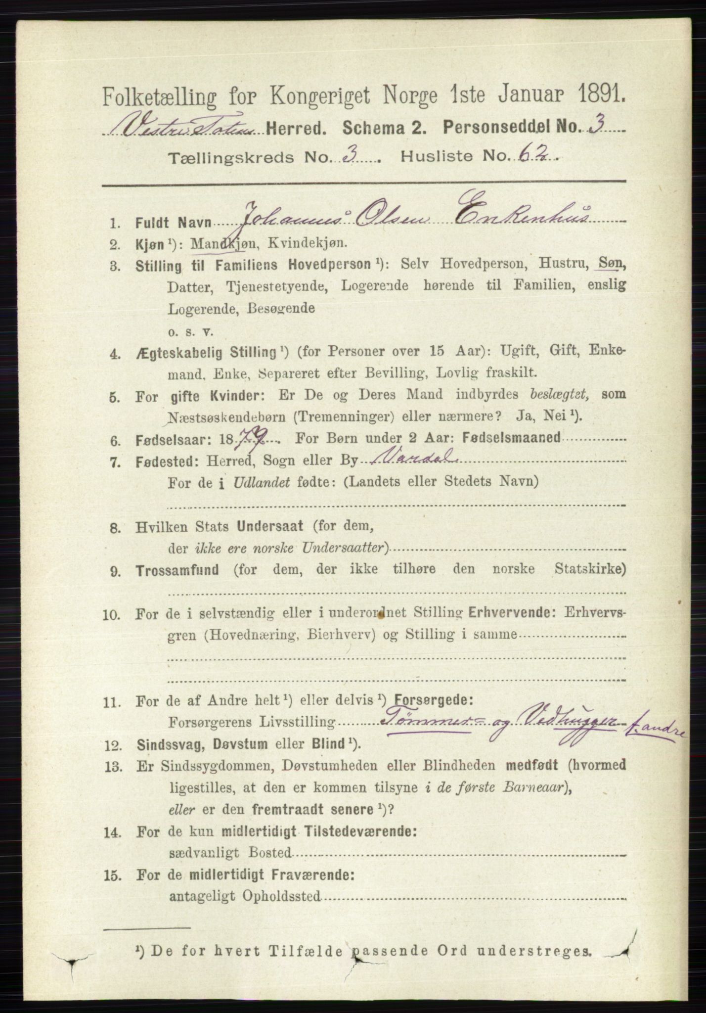 RA, 1891 census for 0529 Vestre Toten, 1891, p. 2305