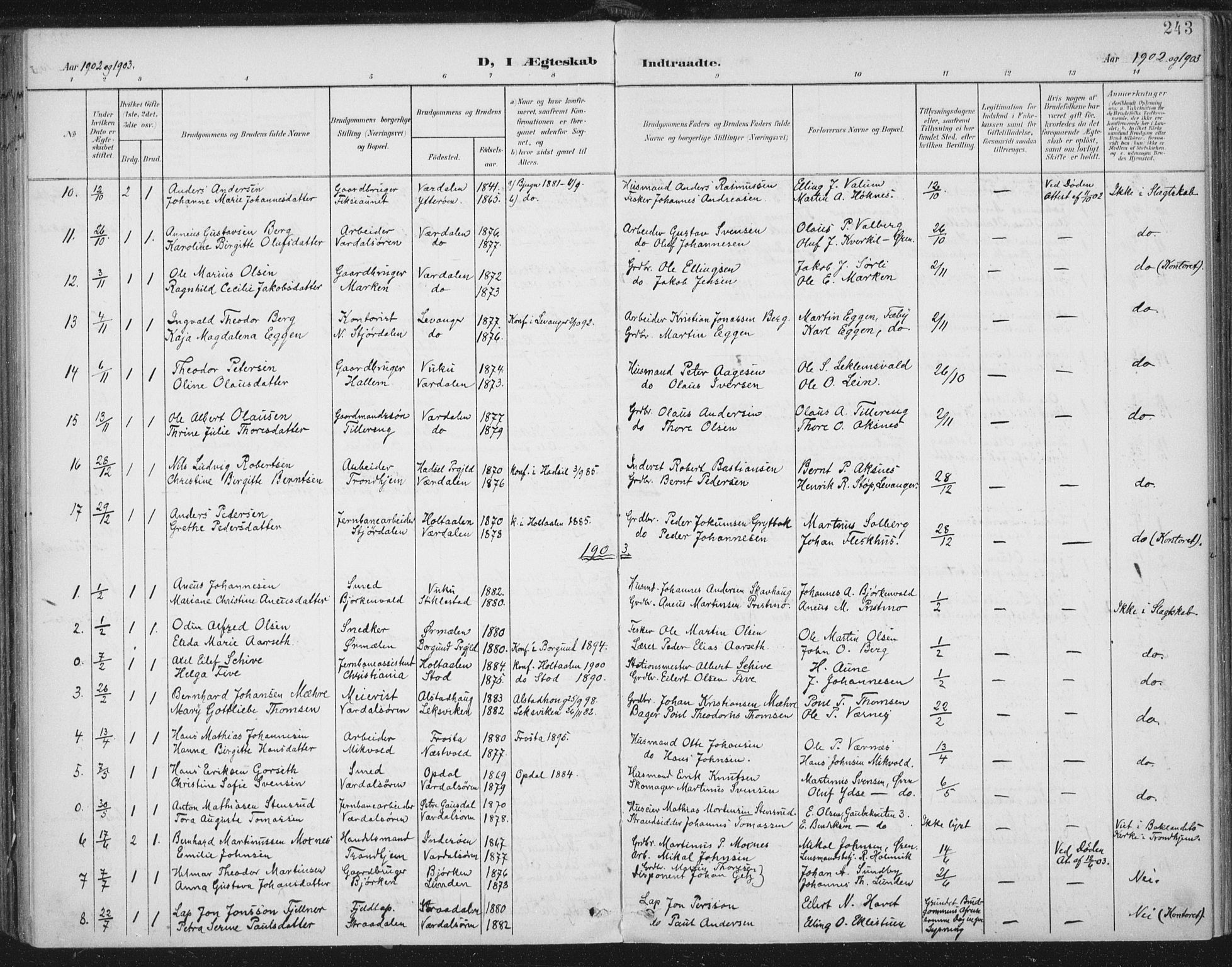 Ministerialprotokoller, klokkerbøker og fødselsregistre - Nord-Trøndelag, SAT/A-1458/723/L0246: Parish register (official) no. 723A15, 1900-1917, p. 243