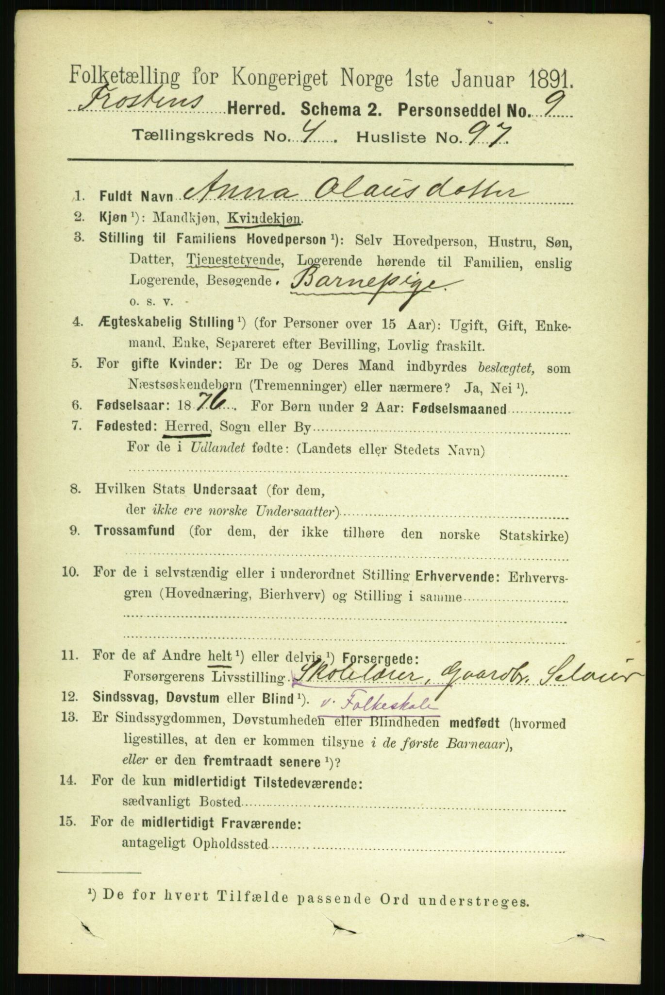 RA, 1891 census for 1717 Frosta, 1891, p. 3238