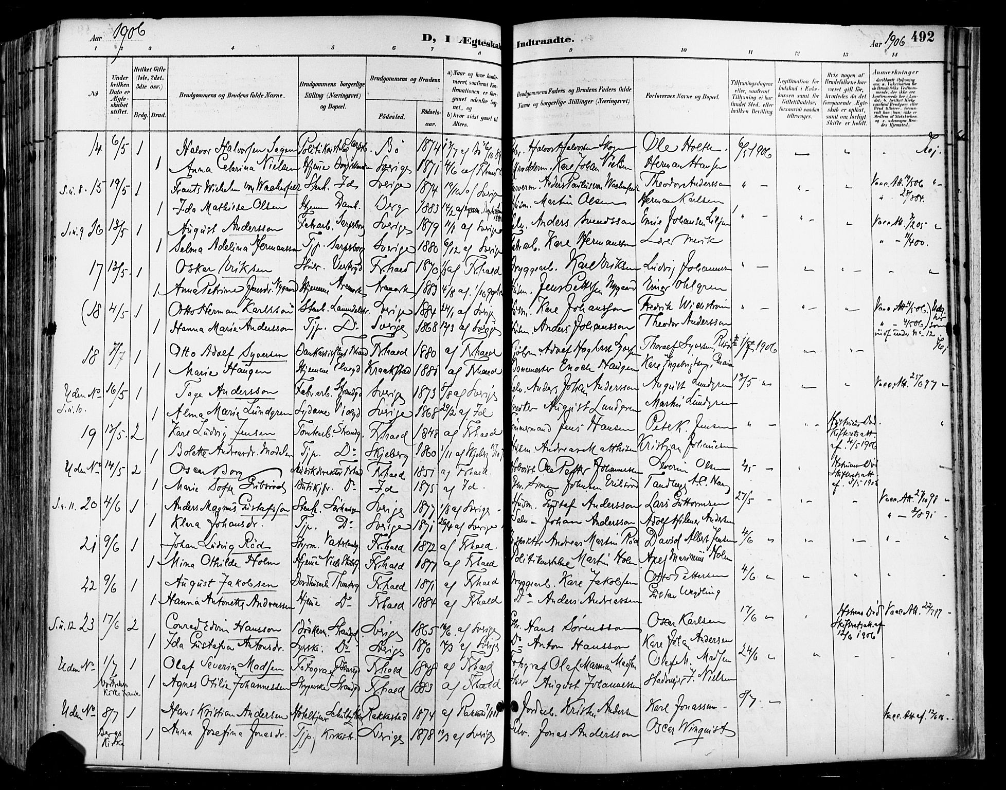Halden prestekontor Kirkebøker, SAO/A-10909/F/Fa/L0013: Parish register (official) no. I 13, 1890-1906, p. 492