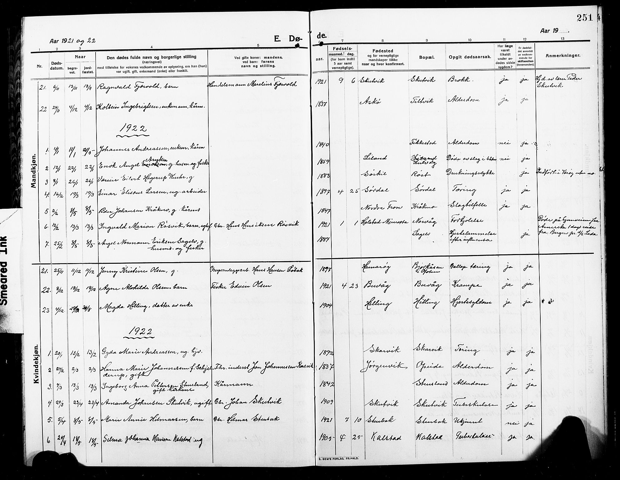 Ministerialprotokoller, klokkerbøker og fødselsregistre - Nordland, SAT/A-1459/859/L0861: Parish register (copy) no. 859C07, 1910-1925, p. 251