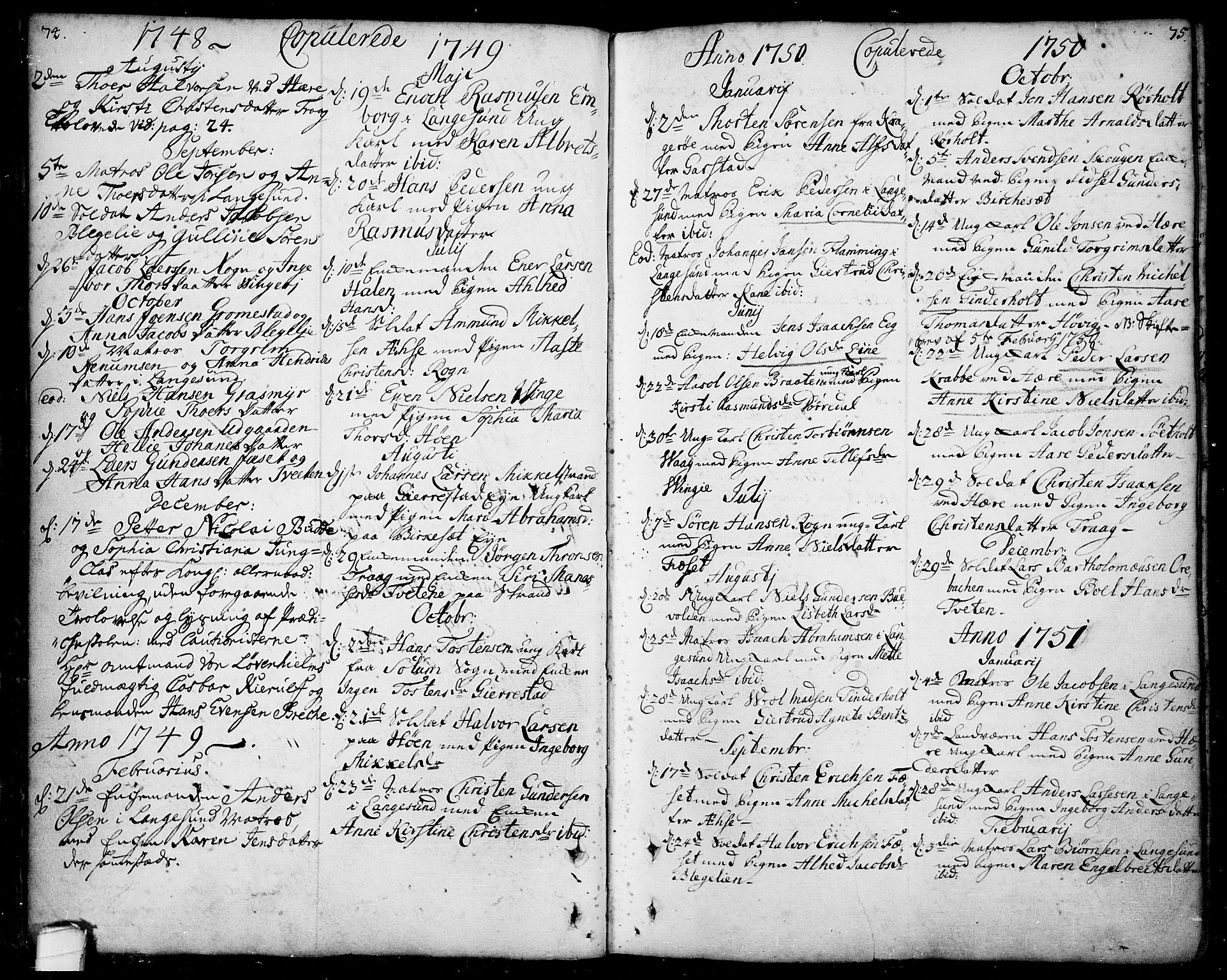 Bamble kirkebøker, SAKO/A-253/F/Fa/L0001: Parish register (official) no. I 1, 1702-1774, p. 74-75