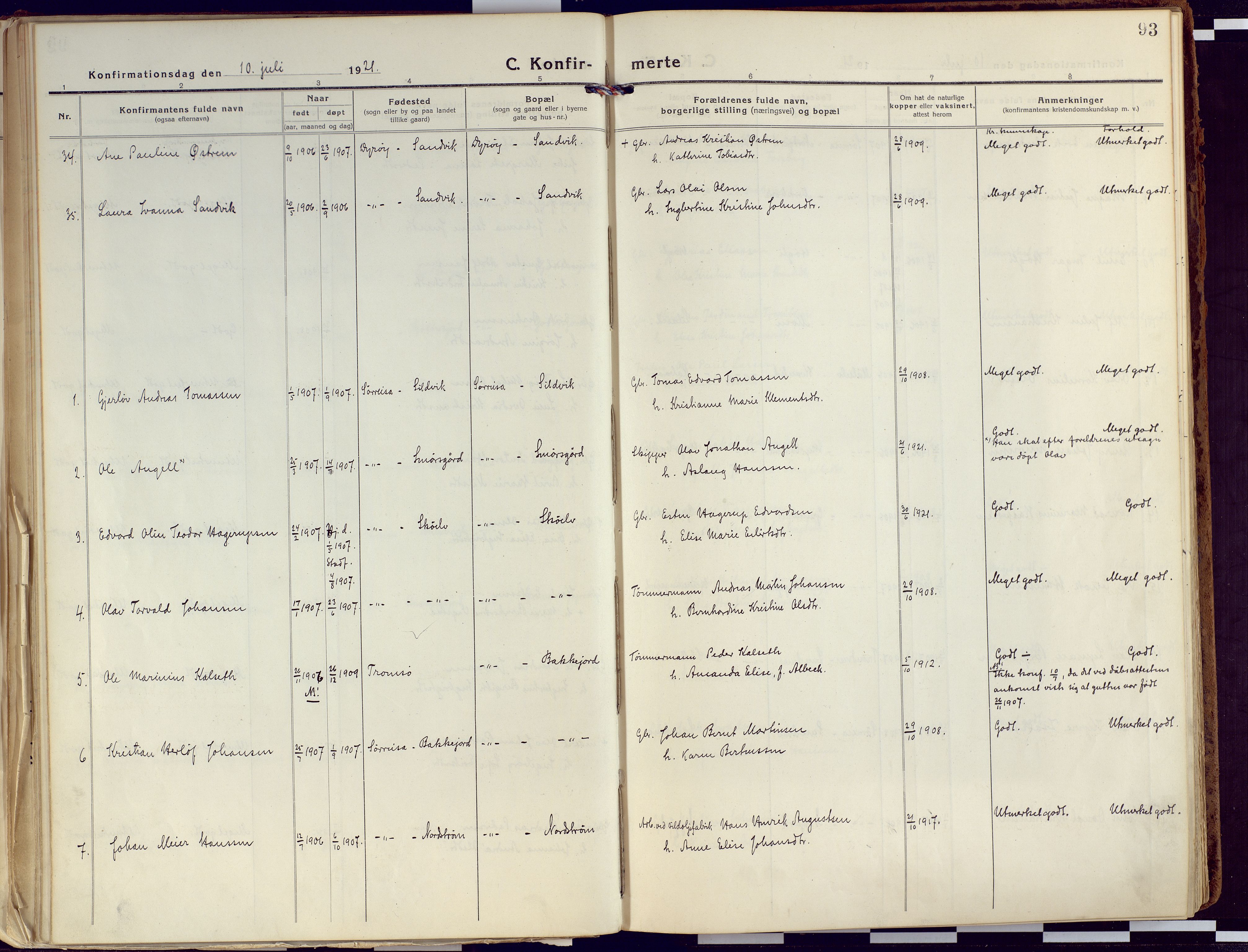 Tranøy sokneprestkontor, AV/SATØ-S-1313/I/Ia/Iaa/L0015kirke: Parish register (official) no. 15, 1919-1928, p. 93