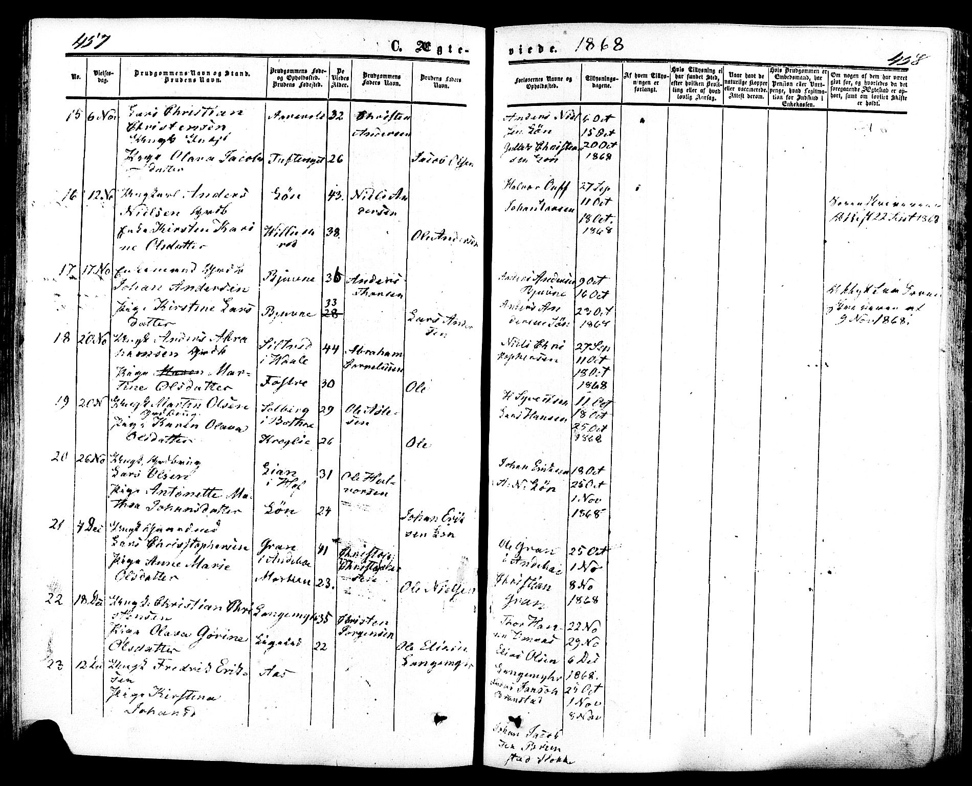 Ramnes kirkebøker, AV/SAKO-A-314/F/Fa/L0006: Parish register (official) no. I 6, 1862-1877, p. 457-458