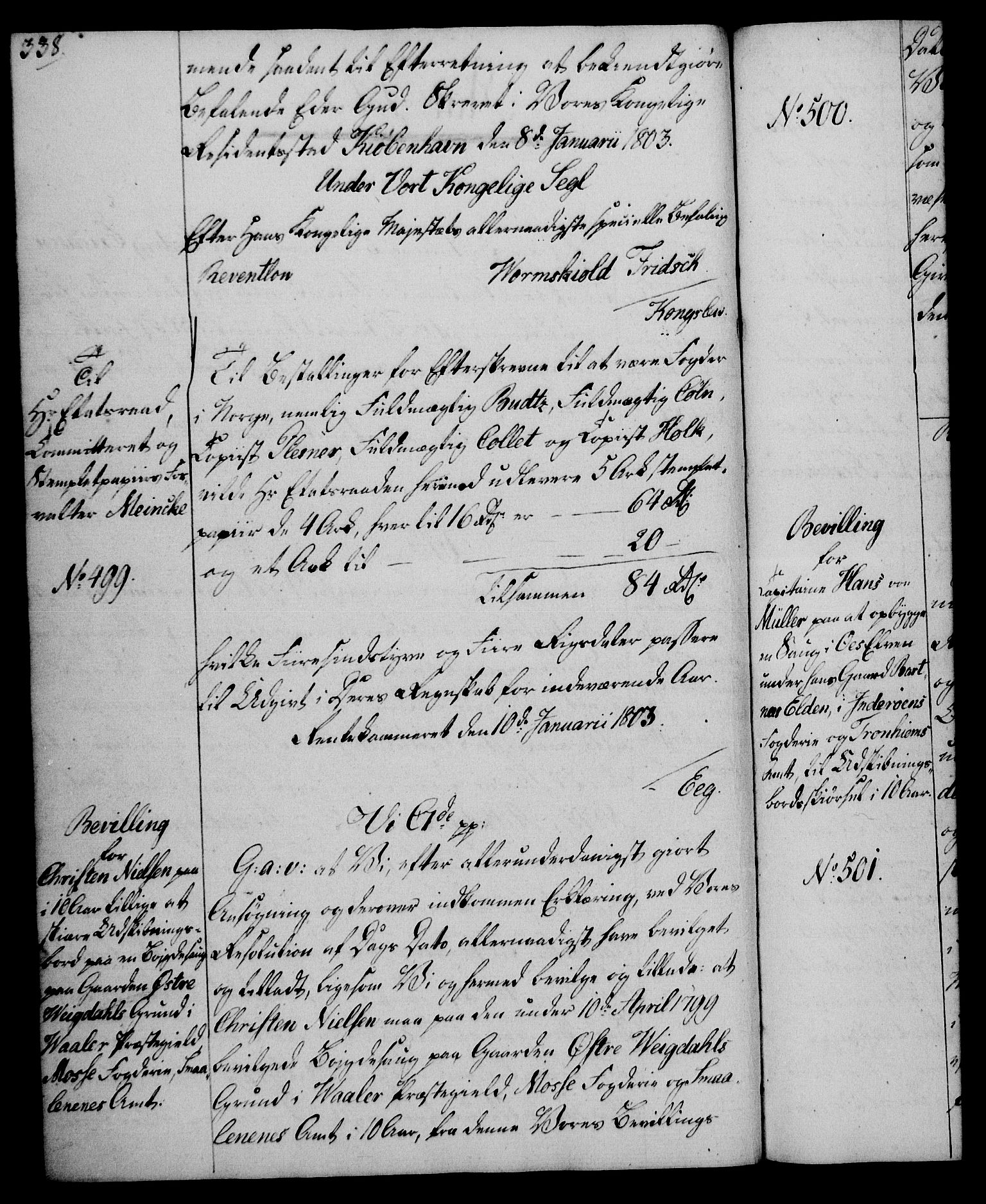 Rentekammeret, Kammerkanselliet, RA/EA-3111/G/Gg/Gga/L0017: Norsk ekspedisjonsprotokoll med register (merket RK 53.17), 1801-1803, p. 338