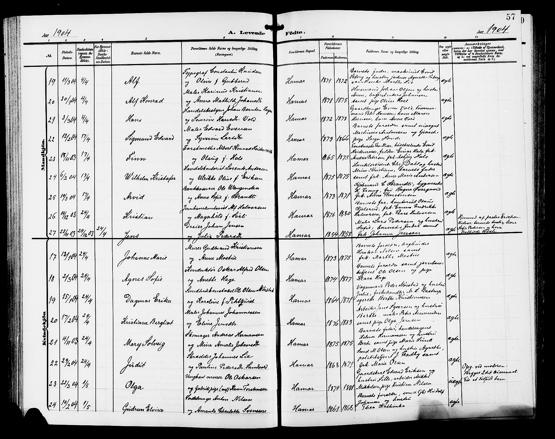 Hamar prestekontor, AV/SAH-DOMPH-002/H/Ha/Hab/L0001: Parish register (copy) no. 1, 1899-1914, p. 57