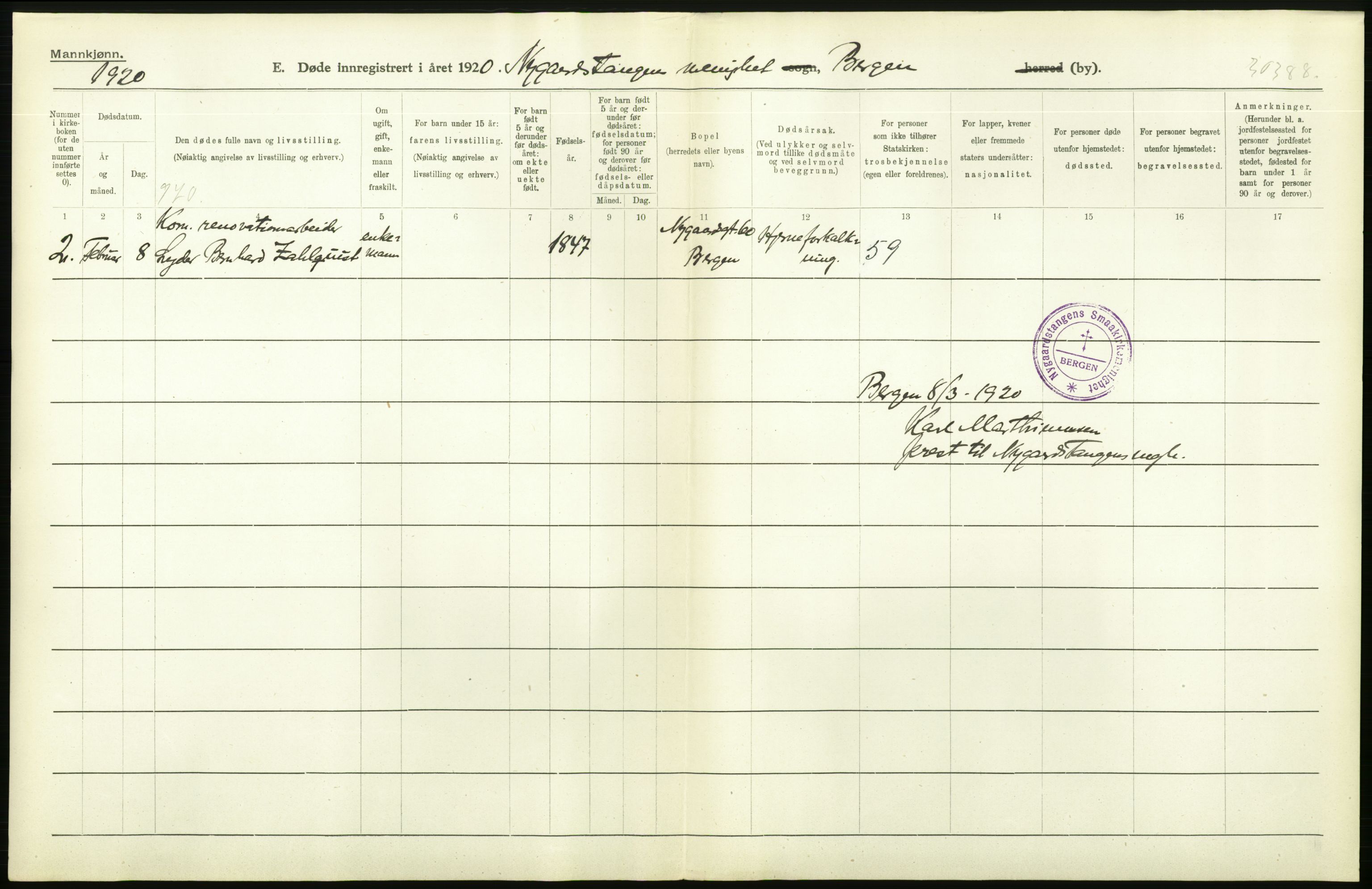 Statistisk sentralbyrå, Sosiodemografiske emner, Befolkning, AV/RA-S-2228/D/Df/Dfb/Dfbj/L0042: Bergen: Gifte, døde, dødfødte., 1920, p. 310