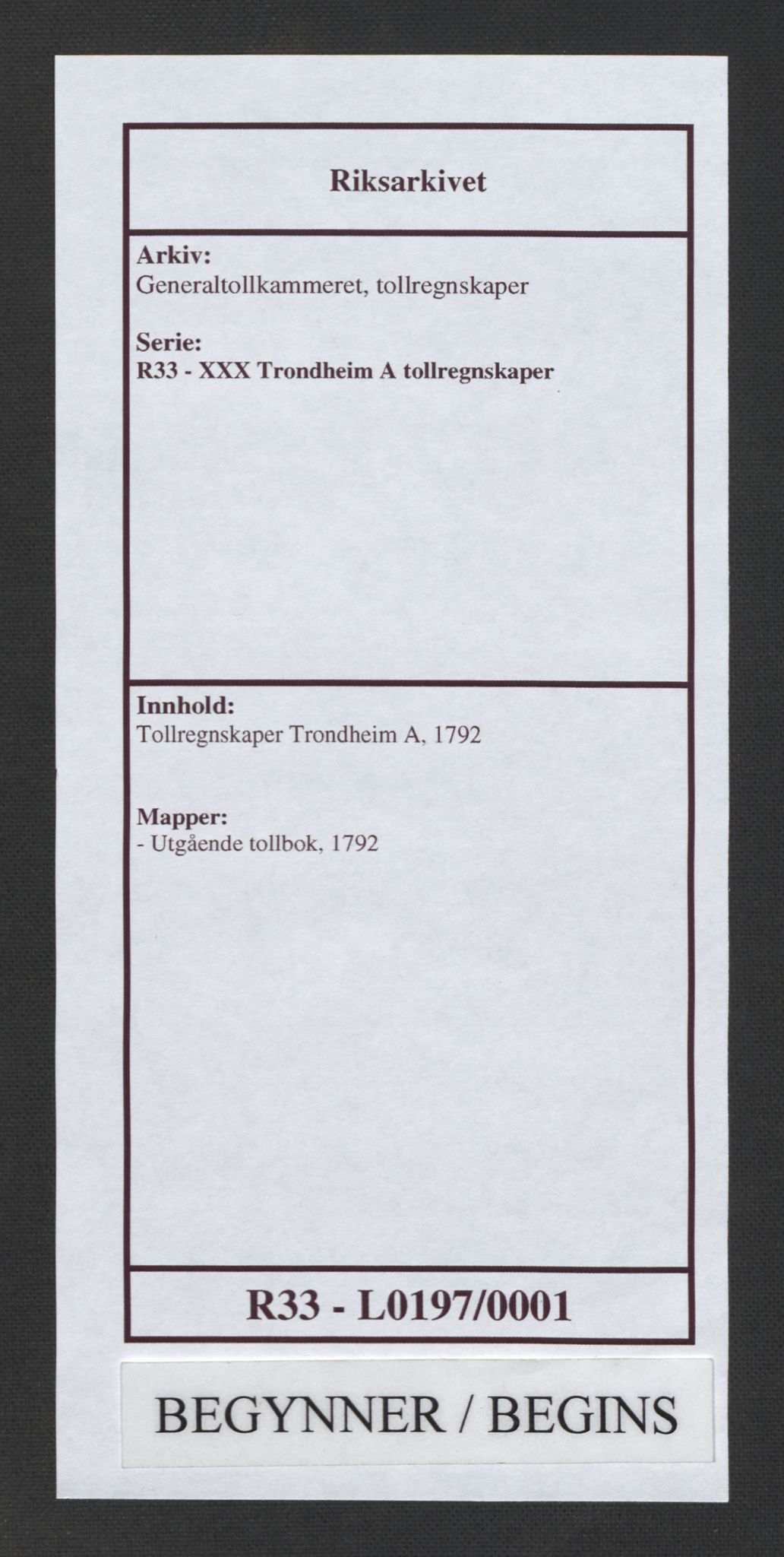 Generaltollkammeret, tollregnskaper, AV/RA-EA-5490/R33/L0197/0001: Tollregnskaper Trondheim A / Utgående tollbok, 1790-1792