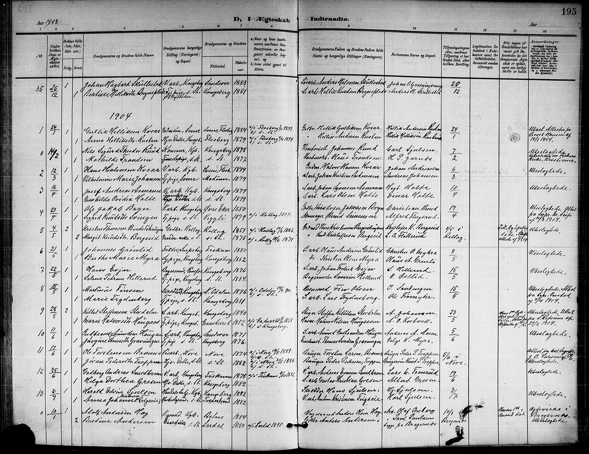 Kongsberg kirkebøker, AV/SAKO-A-22/G/Ga/L0007: Parish register (copy) no. 7, 1901-1915, p. 195