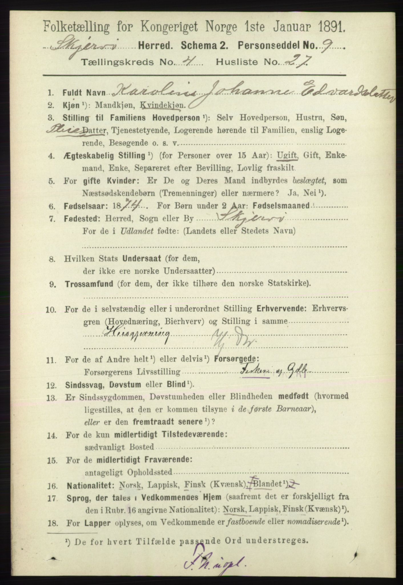 RA, 1891 census for 1941 Skjervøy, 1891, p. 2491