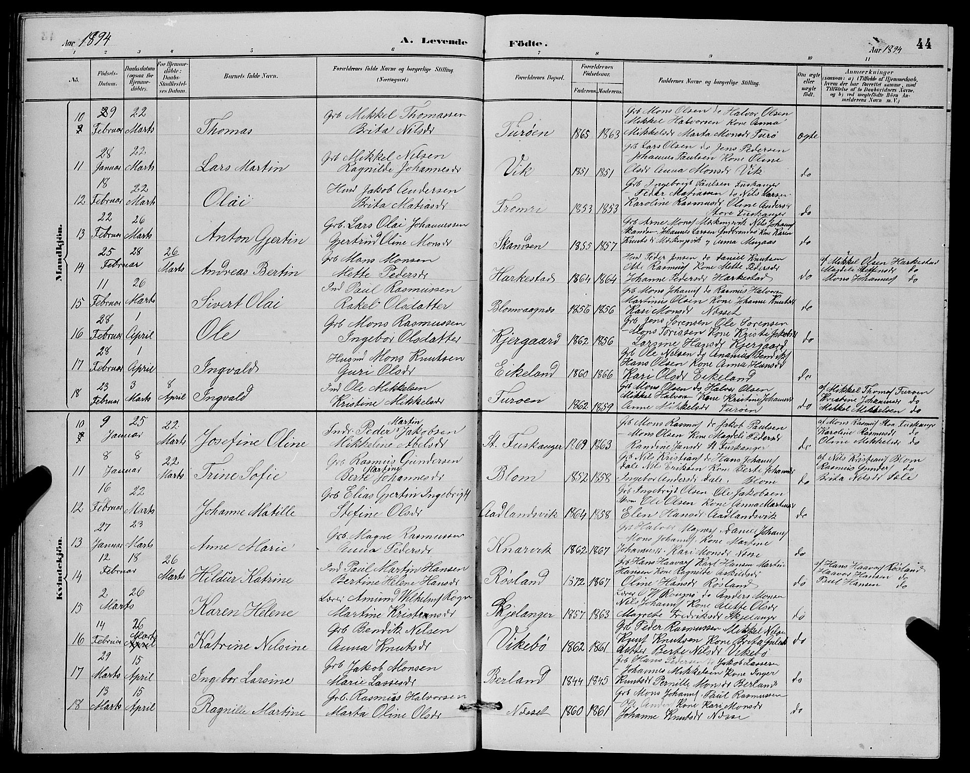 Herdla Sokneprestembete, AV/SAB-A-75701/H/Hab: Parish register (copy) no. A 3, 1889-1899, p. 44
