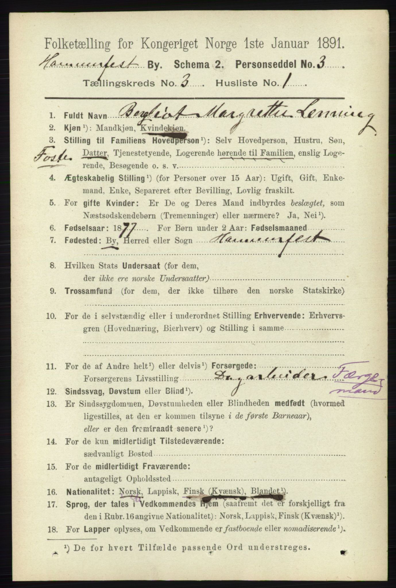 RA, 1891 census for 2001 Hammerfest, 1891, p. 621