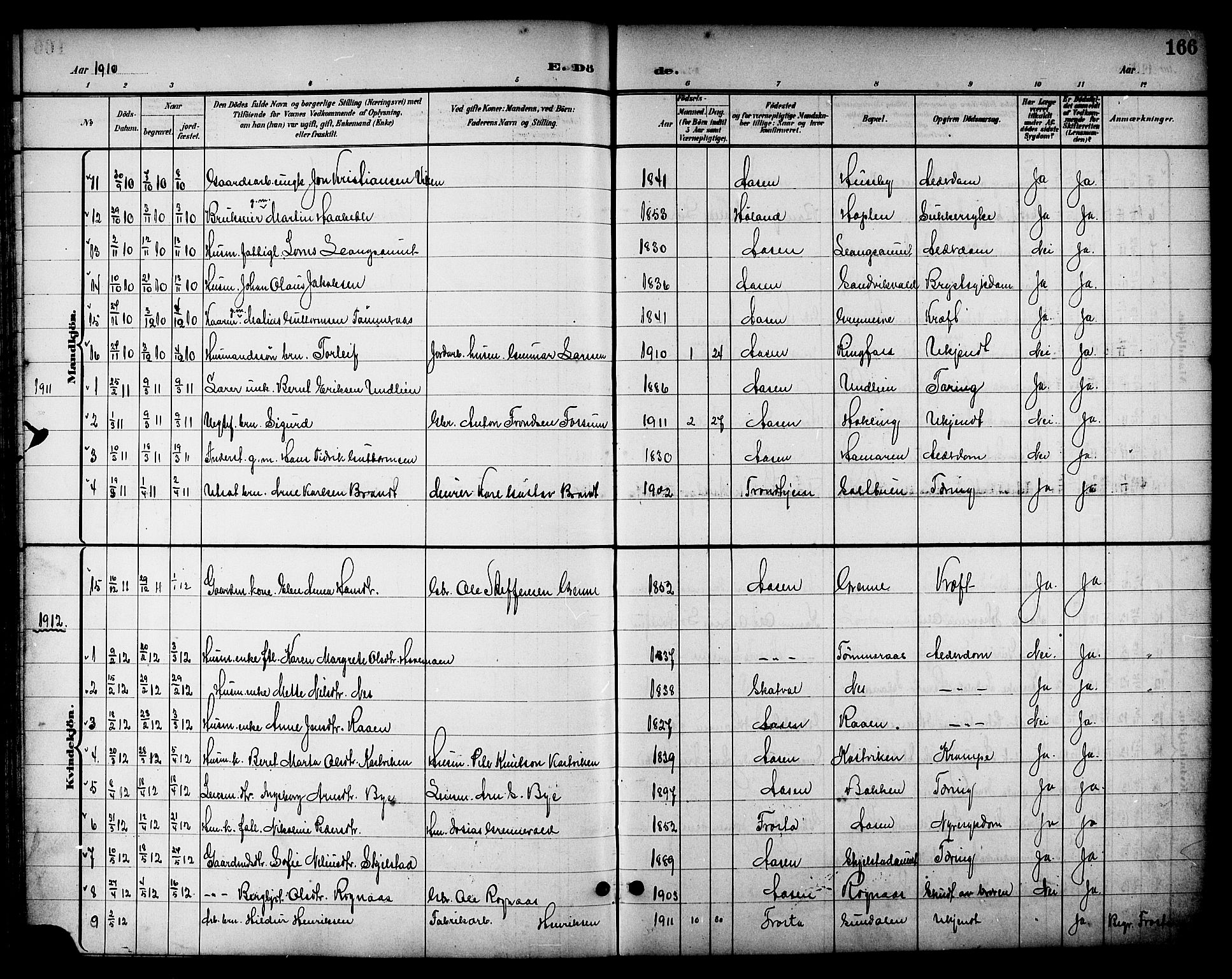 Ministerialprotokoller, klokkerbøker og fødselsregistre - Nord-Trøndelag, SAT/A-1458/714/L0135: Parish register (copy) no. 714C04, 1899-1918, p. 166