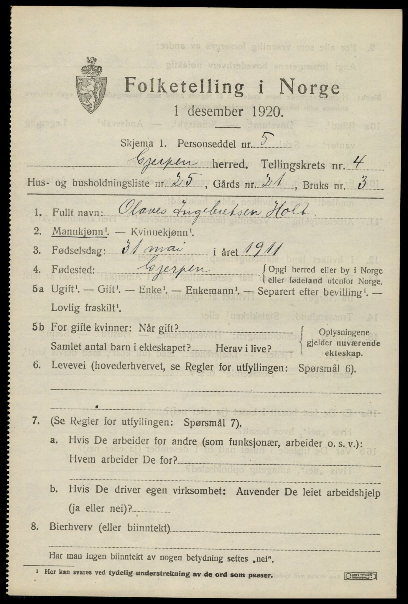 SAKO, 1920 census for Gjerpen, 1920, p. 6376