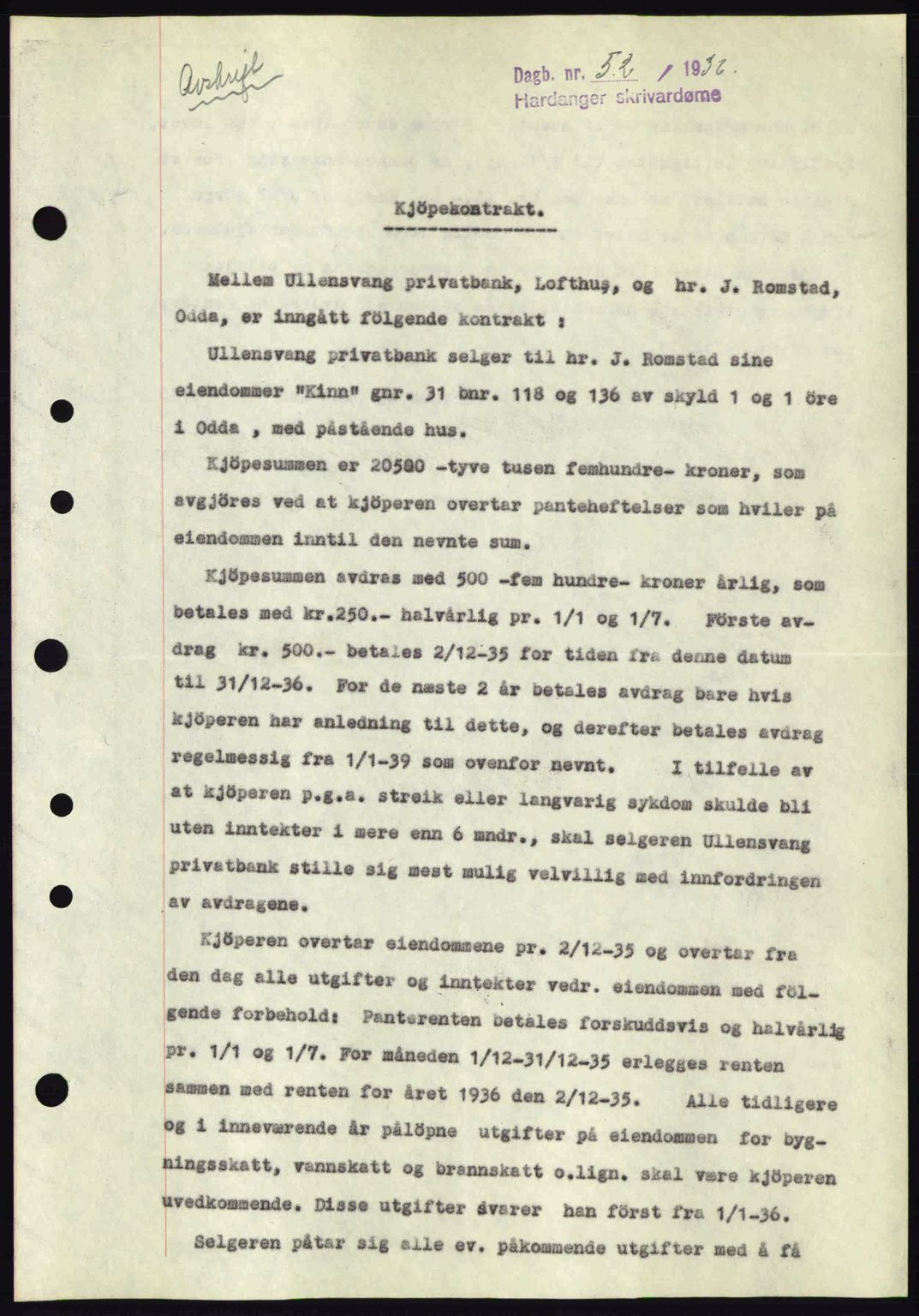 Hardanger sorenskriver, AV/SAB-A-2101/G/Ge/Gec/L0001: Mortgage book no. A1, 1936-1936, Diary no: : 52/1936