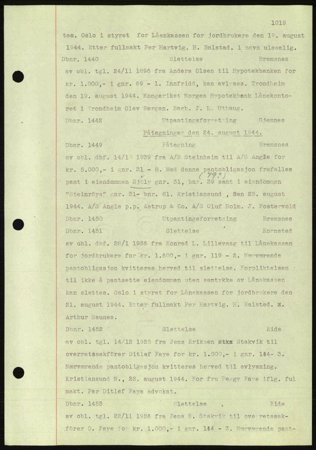 Nordmøre sorenskriveri, AV/SAT-A-4132/1/2/2Ca: Mortgage book no. C81, 1940-1945, Diary no: : 1440/1944